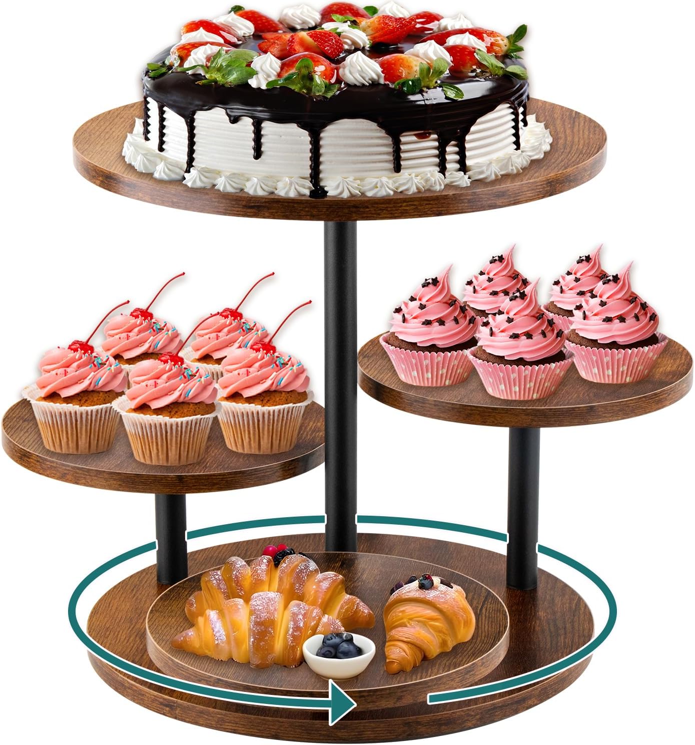 Rustic 4-Tier Rotating Wooden Cupcake Tower Stand for 50-60 Cupcakes, Elegant Dessert Display Tray for Parties, Weddings, and Celebrations