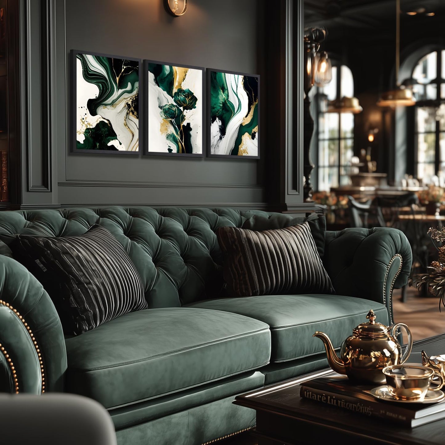 IAFWZX Wood Framed Green Gold Abstract Wall Art, Emerald Marble Textured Wall Decor, Contemporary Line Flower Canvas Paintings, Abstract Floral Poster Prints for Living Room Bedroom Office 16"x24"x3