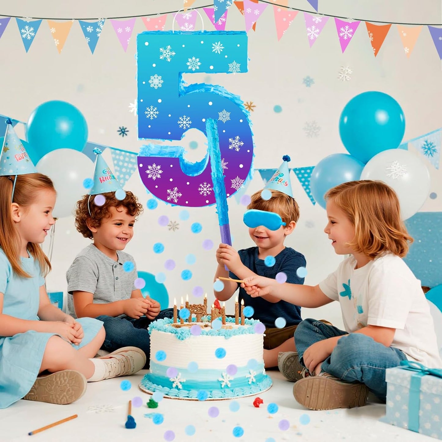 Snowflake Birthday Decorations, Winter Ice Snowflake Number 5 Pinata with Stick Blindfold and Confetti Snowflake Piñata 5th Birthday Party Decoration & Supplies (Snowflake 5)