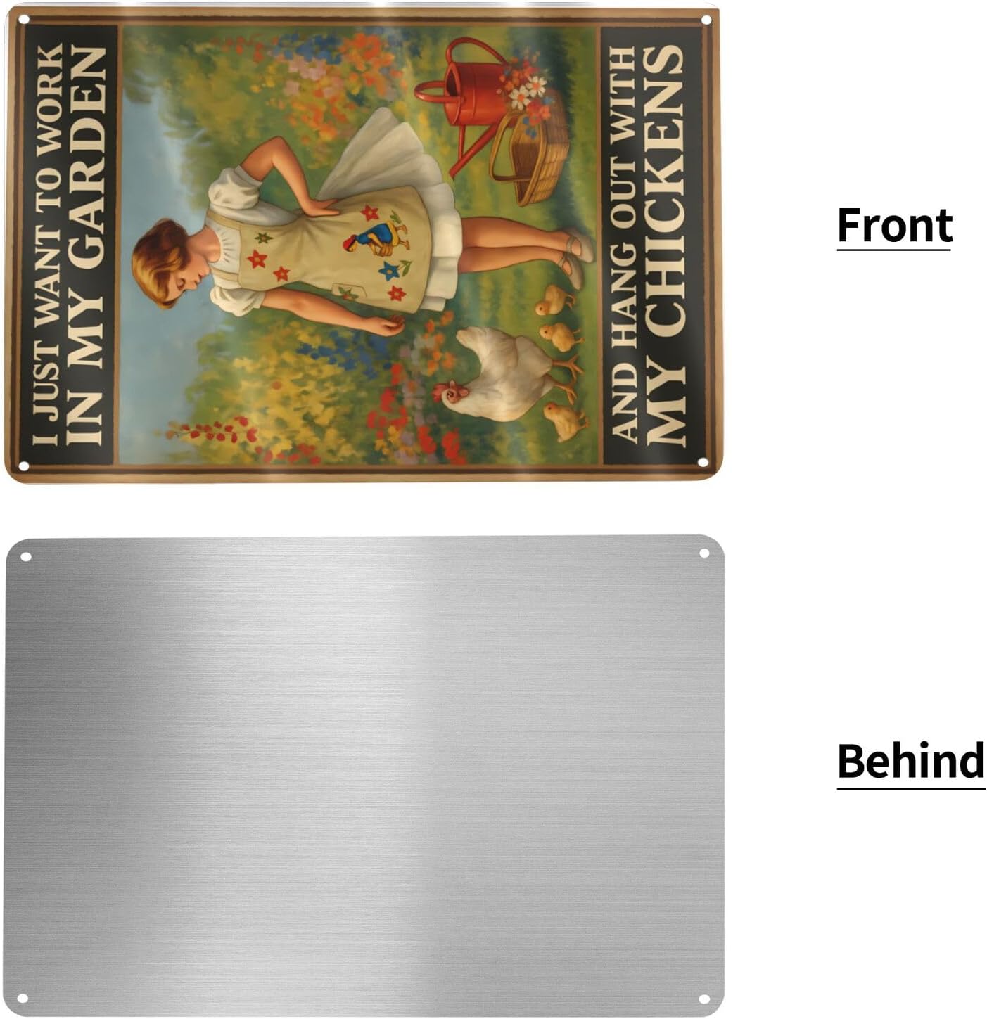 Funny Garden & Chicken Coop Sign - "I Just Want to Work in My Garden and Hang Out with My Chickens" Rustic Metal Wall Decor for Farmhouse, Backyard