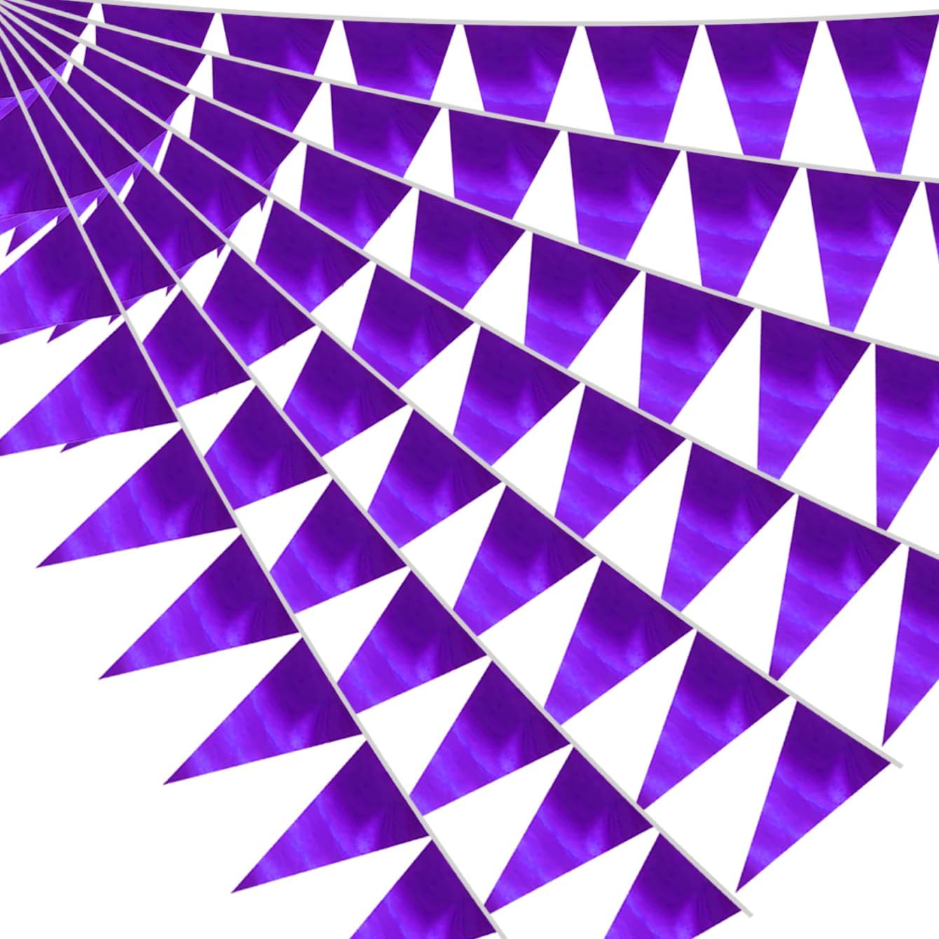 40M/130FT Purple Triangle Pennant Banner Flag Metallic Fabric Bunting Garland for Christmas Graduation Wedding Engagement Anniversary Bachelorette Birthday Bridal Shower Valentines Hen Party Supplies