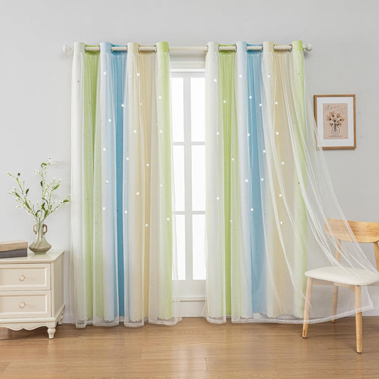 FANLI Ombre Rainbow Blackout Curtains for Kid Girls Bedroom Living Room Darking Stripe Double Layer Star Cut Out Wall Home Decor Gradient Grommet Window Curtains （Blue Green 52Wx72L）