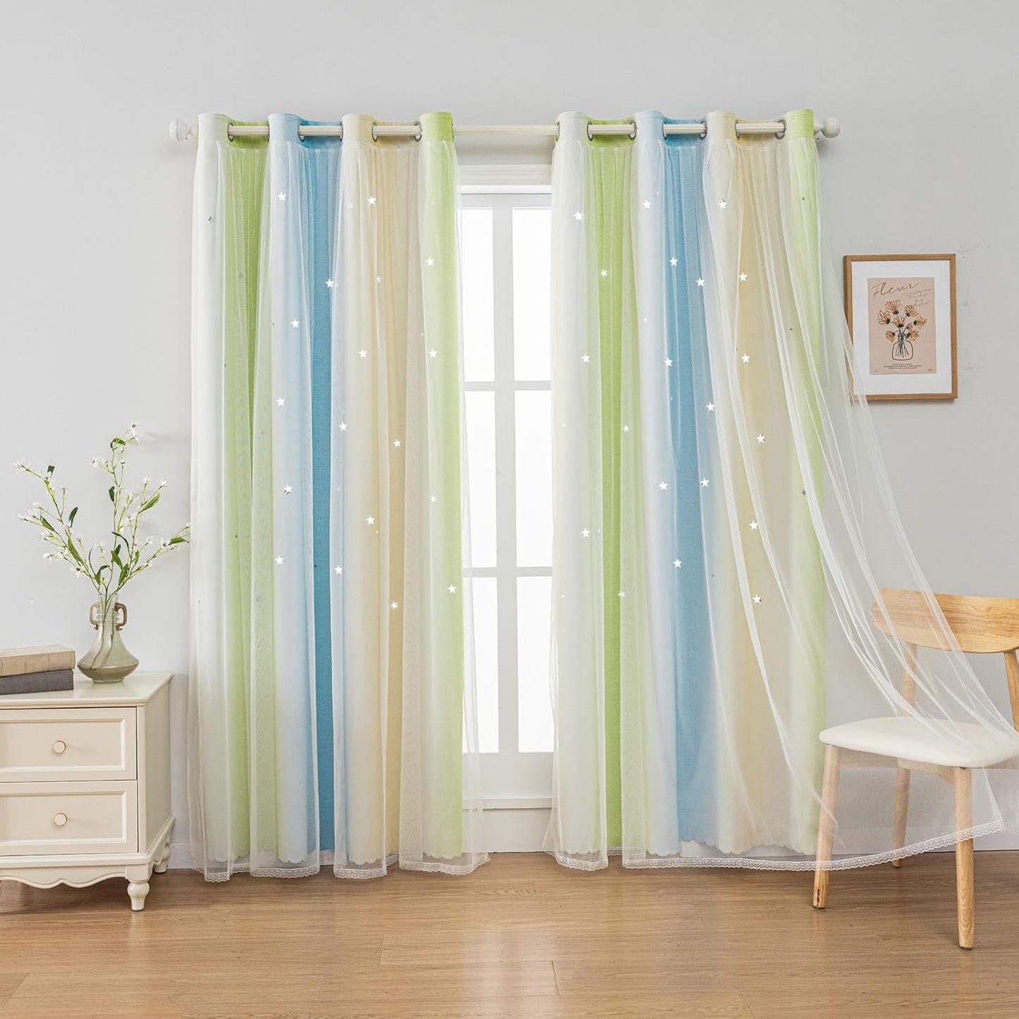 FANLI Ombre Rainbow Blackout Curtains for Kid Girls Bedroom Living Room Darking Stripe Double Layer Star Cut Out Wall Home Decor Gradient Grommet Window Curtains （Blue Green 52Wx63L）