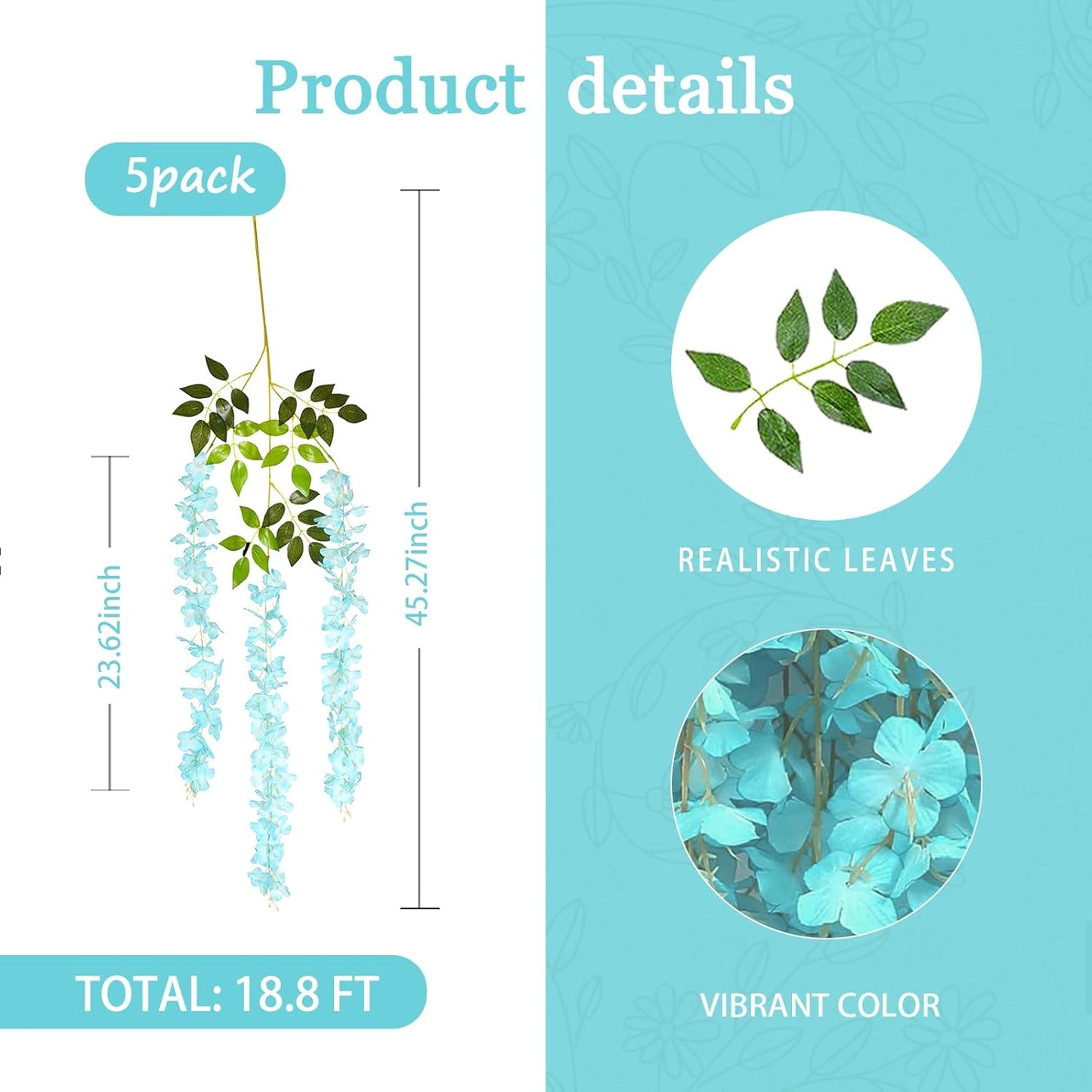 5 Pack Teal Wisteria Hanging Flowers Garland, 3.77 Feet Artificial Flower Vines, Fake Wisteria, Artificial Vines Hanging Garland for Backdrop Outdoor Yard Garden Decor