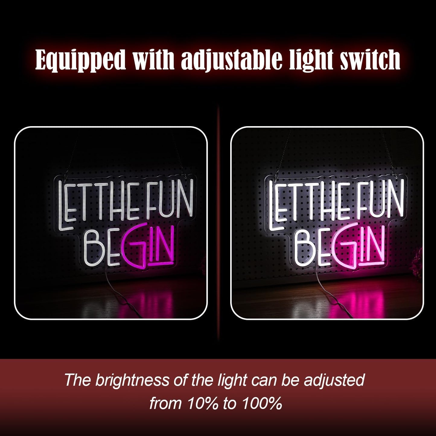 Let The Fun Begin Neon Sign USB Powered White Pink Fun Light Up Sign for Wall Decor Dimmable Led Letters Neon Light for Birthday Wedding Halloween Christmas Party Home Decor (15.8 * 11.8In)