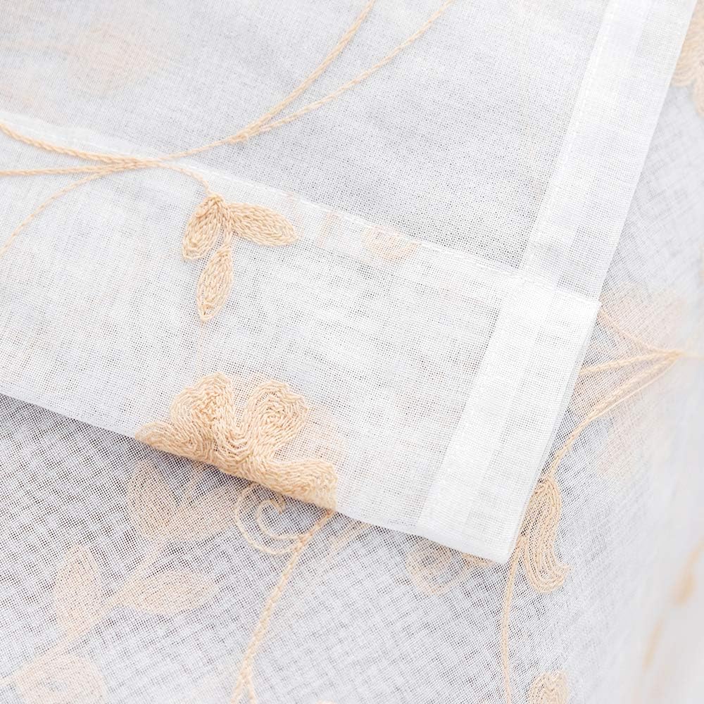 Embroidery Sheer Curtains Gold 63 Inch Length, Rod Pocket Voile Drapes for Living room, Bedroom, Window Treatments Semi Crinkle Curtain Panels for Yard, Patio, Villa, Parlor, Set of 2, 52"x 63".