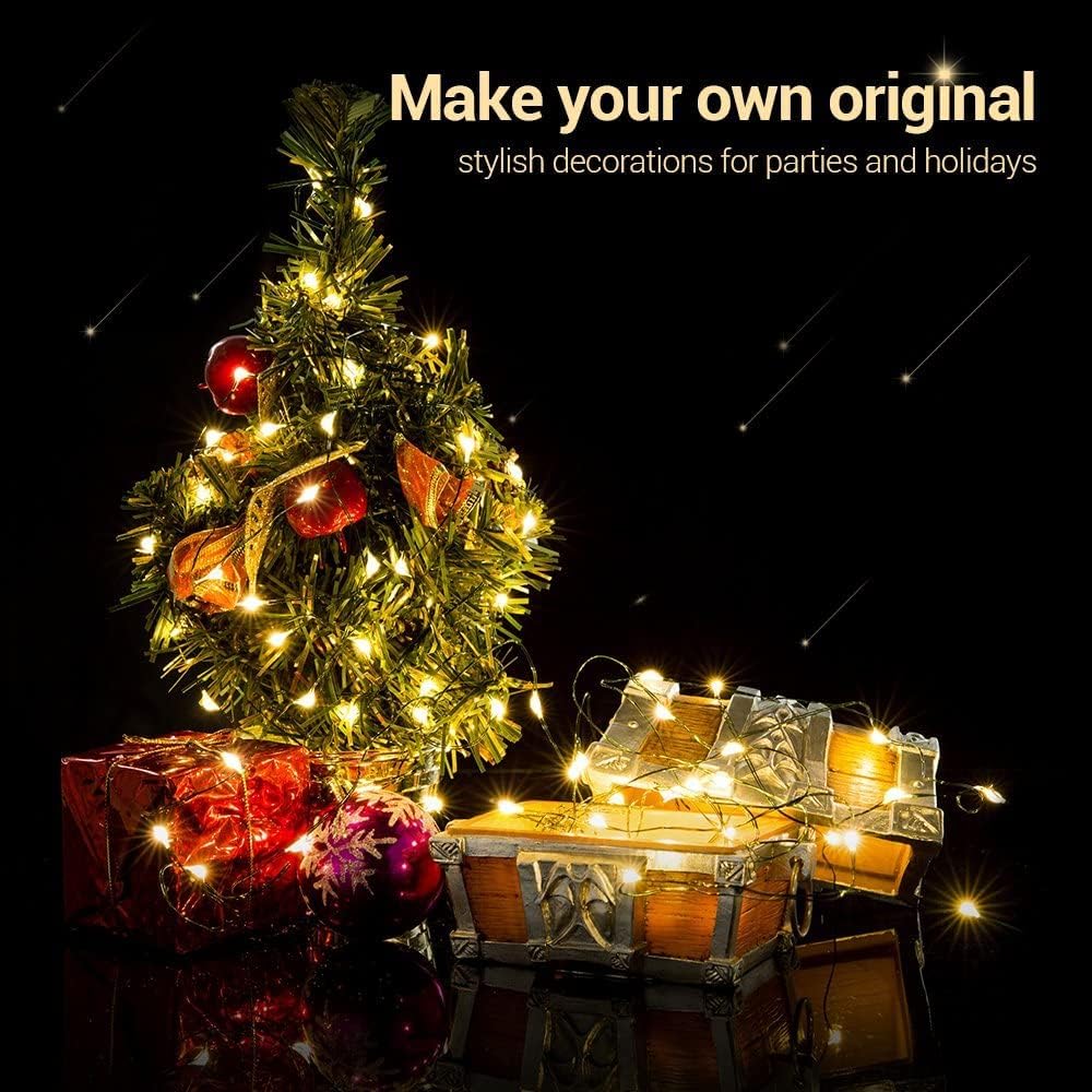 MASHANG Christmas Lights Battery String Lights 33FT 100 Micro LEDs Starry Lights Fairy Lights Firefly Lights with Dark Green Copper Wire for Christmas Tree, Wreath, DIY, Holiday(Warm White, 2 Pack)