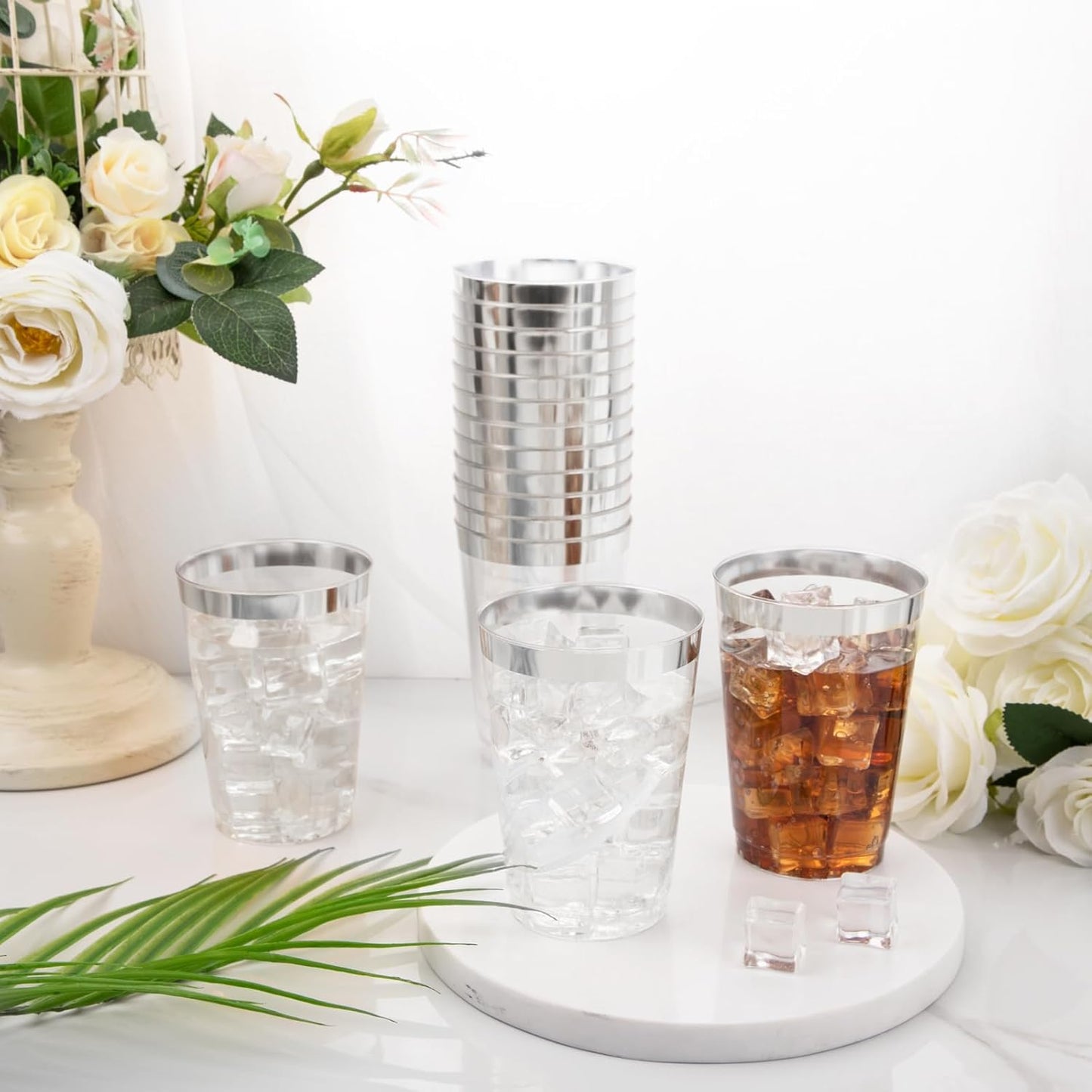 I00000 100 Pack 12 oz Silver Plastic Cups, Silver Rimmed Disposable Cups, Party Wine Glasses Cocktail Glasses Premium Cups with Silver Rim, 12 Ounce Plastic Tumblers For Party