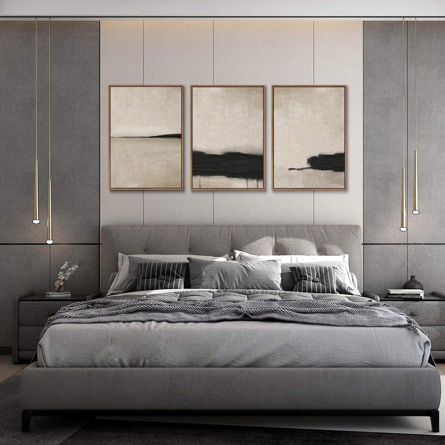 myusuar 3 Piece Large Modern Abstract Canvas Framed Wall Art For Living Room, Black And Beige Vintage Minimalist Wall Art Decor Posters Prints For Bedroom Office 12x16in