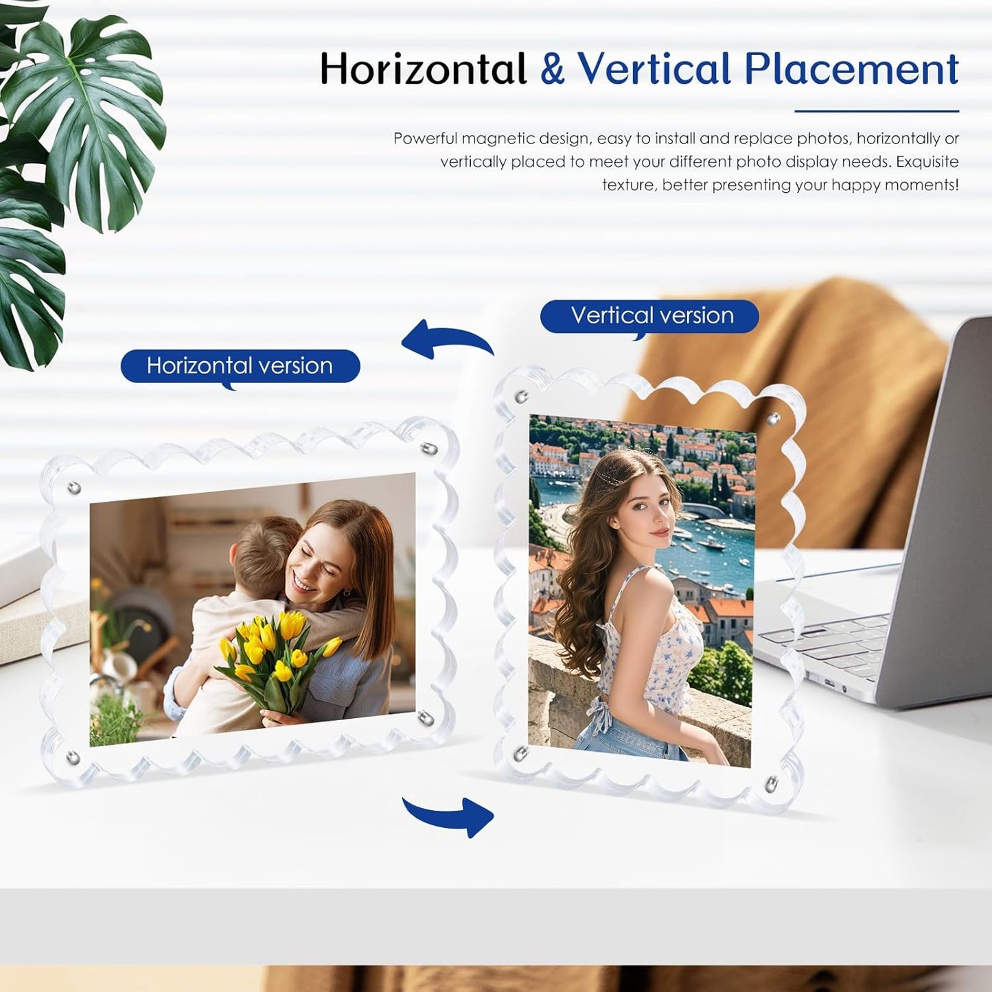 2Pack Acrylic Magnetic Photo Frame 5x7 Inch - Sleek Scalloped Design, 10+10mm Thick Crystal Clear Block, Freestanding Double-Sided Magnet |Trendy Home Gift (2 Pack, 5X7)