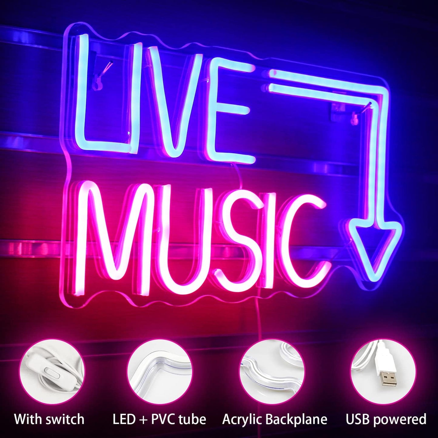Live Music Neon Sign LED Neon Sign Large Blue and Pink Words for Music Studio USB Powered Switch for Wall Decor Beer,Bar,Music Studio,Bedroom,Party,Club