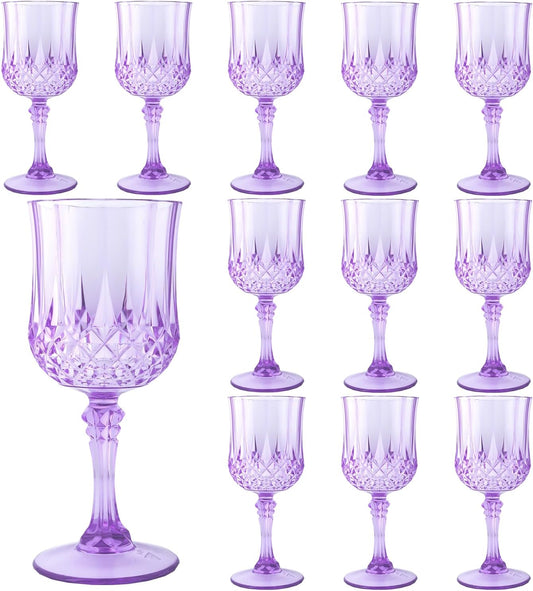 Plastic Wine Glasses，Plastic Goblets Vintage Style Cordial Drinking Glasses for Wedding Reception, Grand Event Party Supplies (12, Purple)