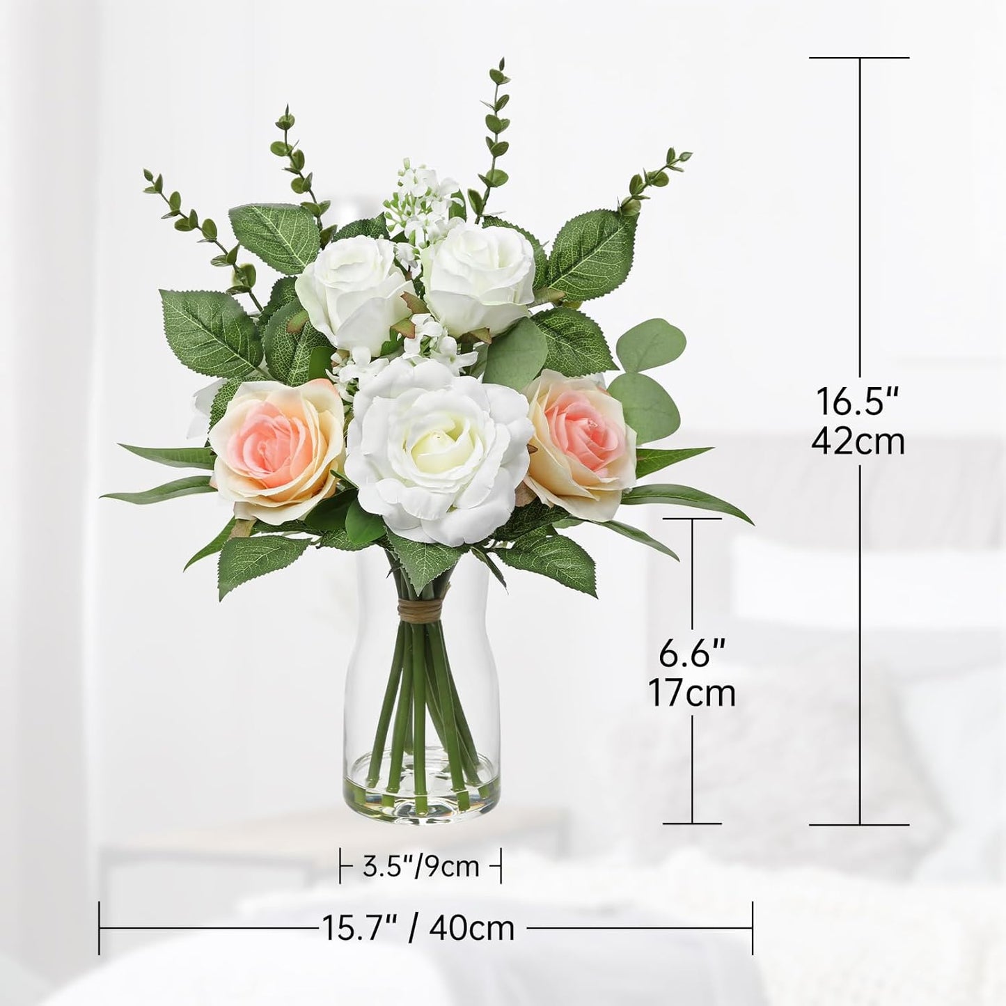 Hollyone Faux Flowers in Vase Artificial Silk Rose Flowers with Faux Eucalyptus Plants Arrangement with Vase Rose Flowers Bouquets Table Centerpieces Decorations Living Room Office Bathroom Home Decor