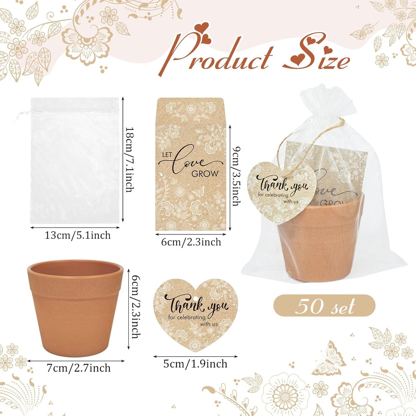 Cinrobiye 50 Sets Let Love Grow Wedding Favors for Guests Seed Packet Bags (Seed Not Include) with Tags & Labels Flowerpot for Bridal Shower Party Favors Bulk Wedding Souvenirs for Guests(Retro)