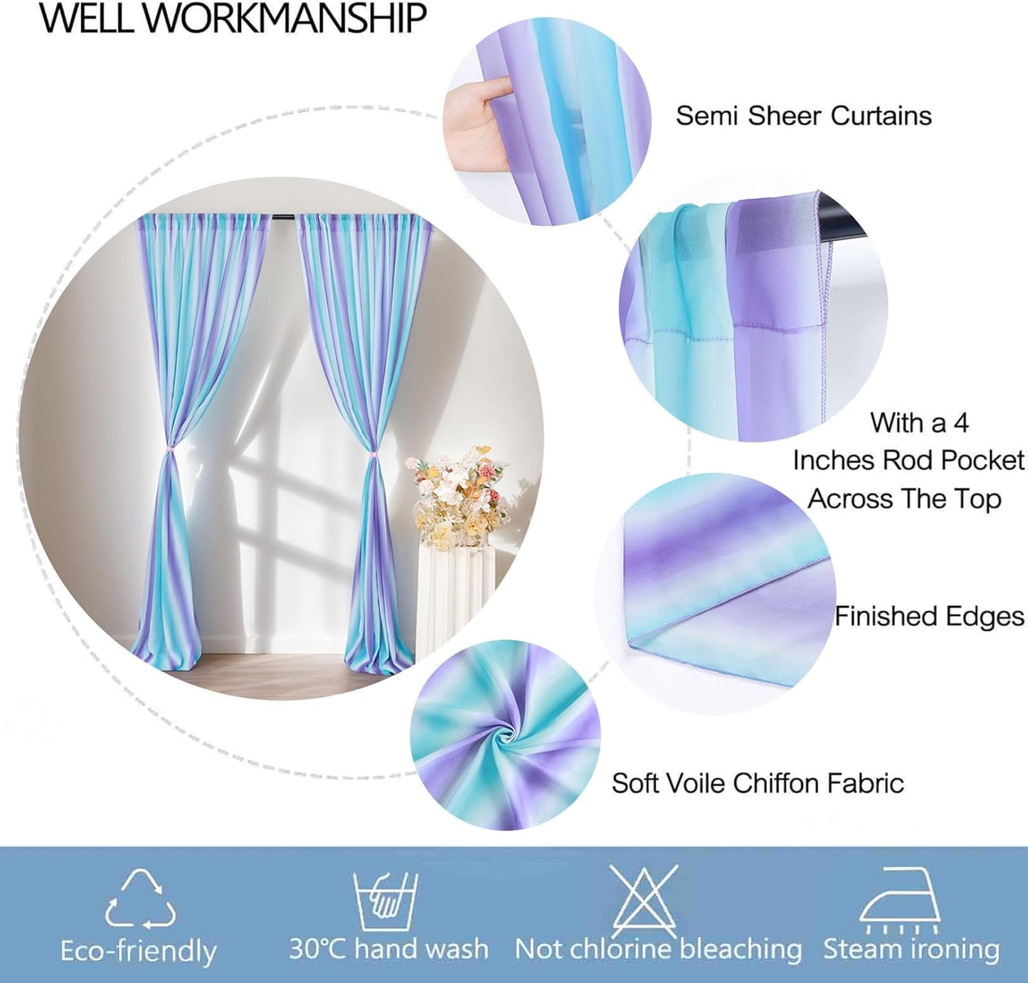 DUOBAO Sheer Curtains for Girls Bedroom, Light Filtering Purple Rod Pocket Drapes - 2 Panels 29x120 Inches, Mermaid Design