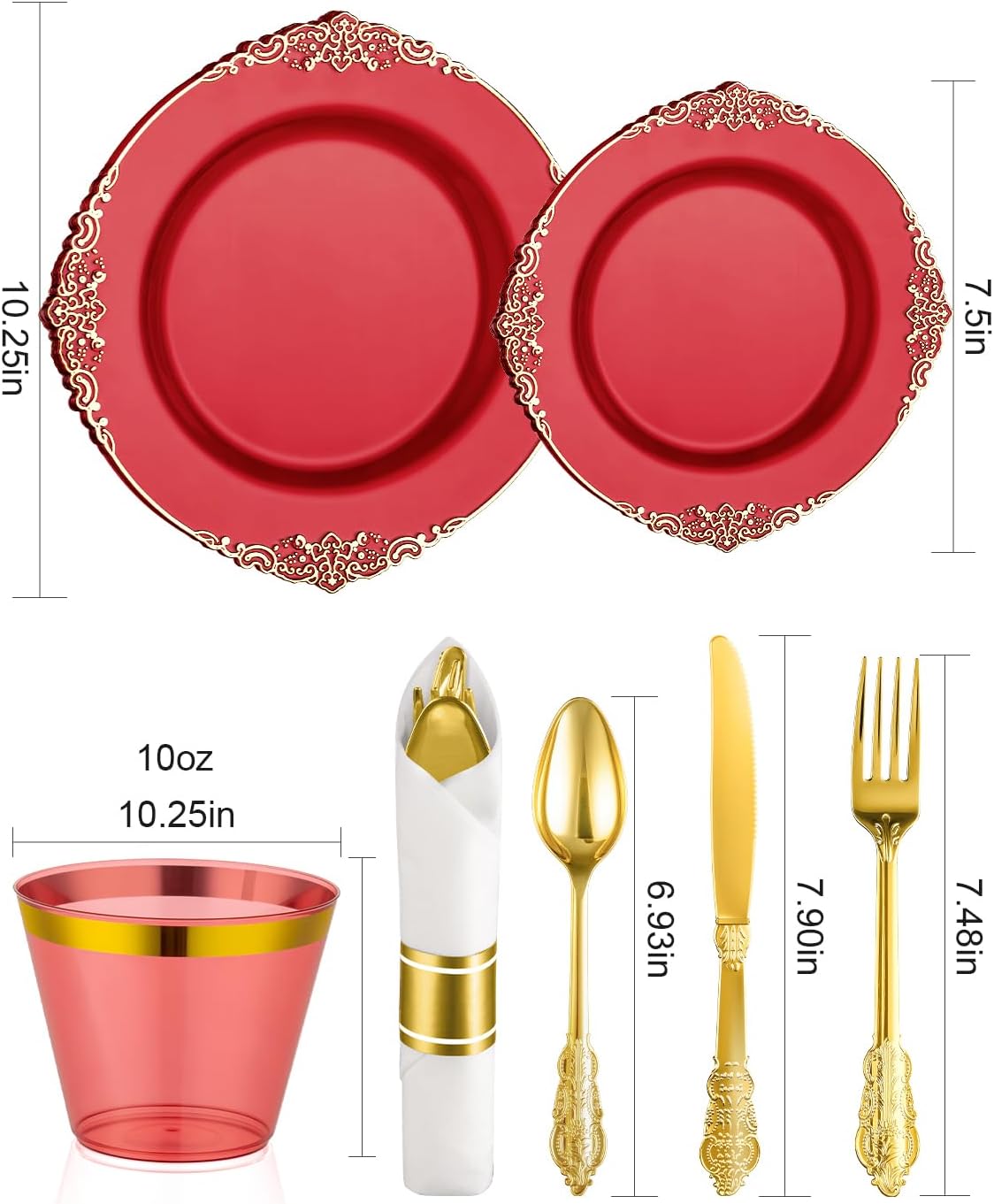 Goodluck 350 Piece Red Dinnerware Set for 50 Guests, Fancy Disposable Plates, Include: 100 Red Rim Plastic Plates, 150 Silverwares, 50 Pre Rolled Napkins, 50 Cups for Party, Wedding