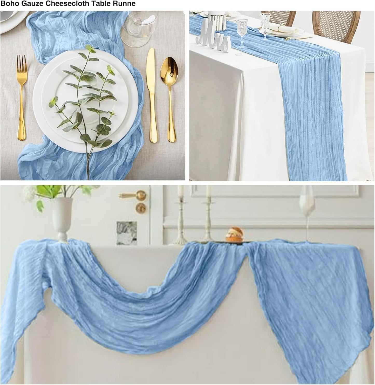 6 Pack Baby Blue Cheesecloth Table Runner 20x120 Inch Boho Wrinkled Sheer Romantic Gauze Decor for Wedding, Bridal Shower, Birthday Party