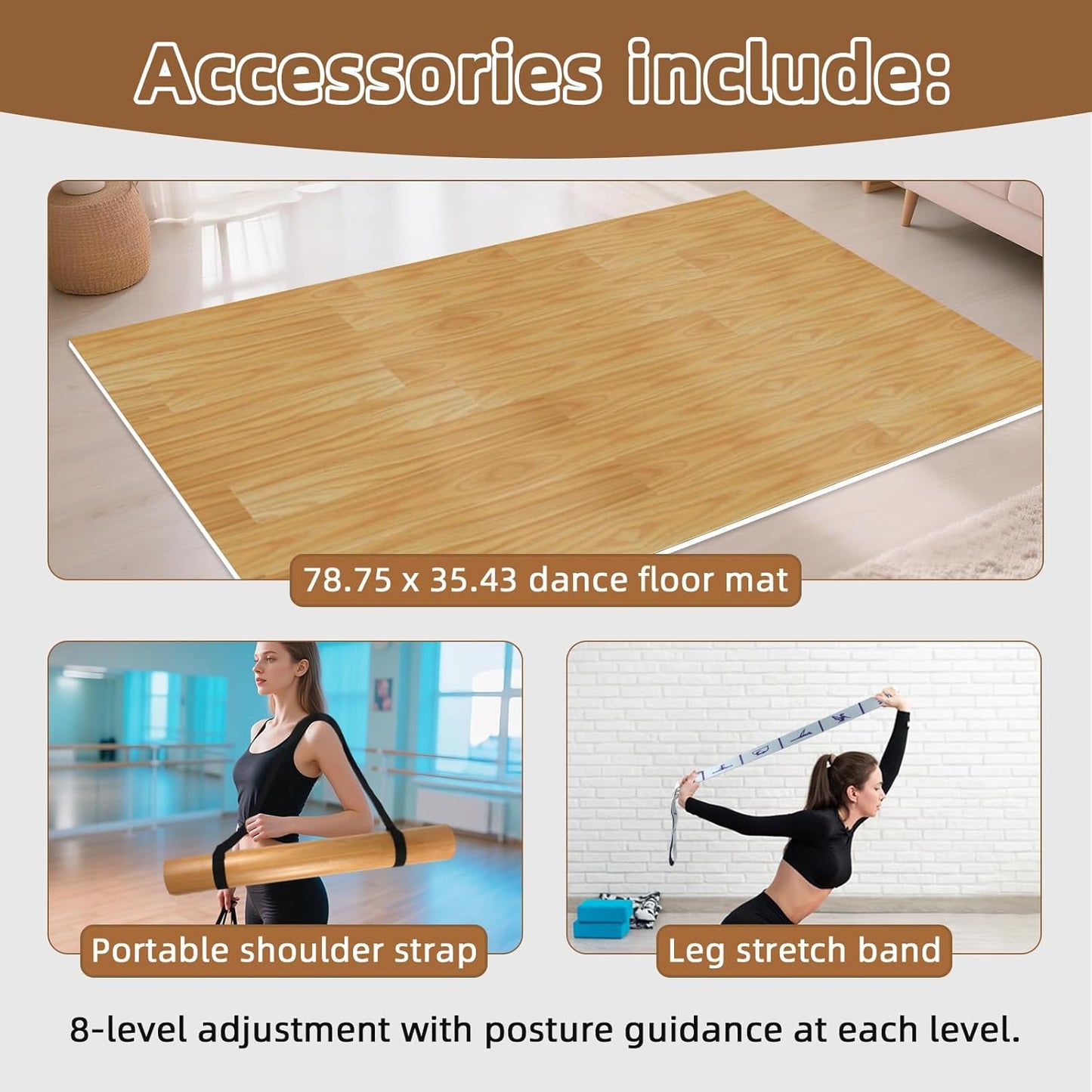 Dance Floor Mat Non-Slip with Shoulder Strap Portable and Dance Resistance Band, Dance Floor for Ballet,Jazz, Pop Thick PVC Practice Floor Reusable Mat (Dark Natural Wood Color, 200cm*90cm*0.5cm)