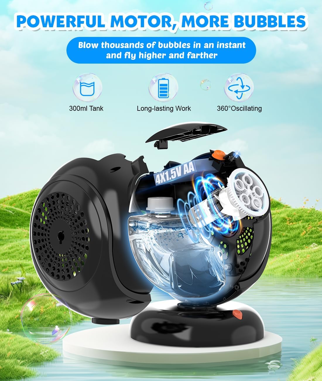 Joyfuture Automatic Bubble Machine, Black Bubbles Blower for Kids, Toddlers - 360° Rotation, 75° Adjustment, with LED Light - Gifts for Boys, Girls, Outdoor, Birthday, Party