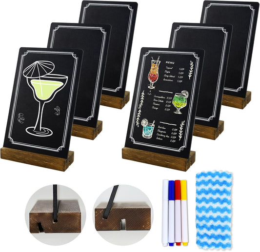 6 Pack Small Chalkboard Signs With Stand, 8x5'' Table Top With Wooden Base, Double-Sided Mini for Food Message Boards Restaurant Bar Party Store Decoration