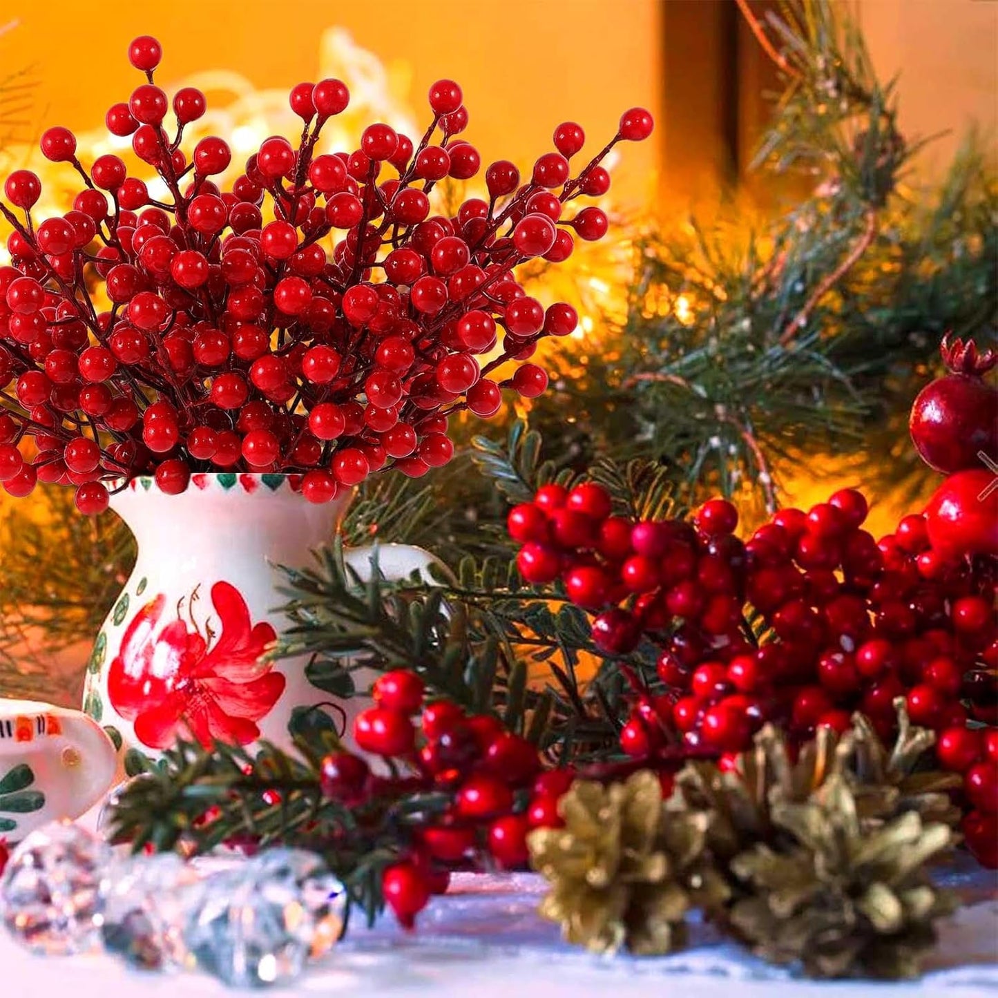 40 Pcs Artificial Berry Stems Branches, Red Christmas Faux Holly Berries Picks Ornaments for Christmas Tree Wreath DIY Craft Decorations Holiday Home Decor (40, Red)