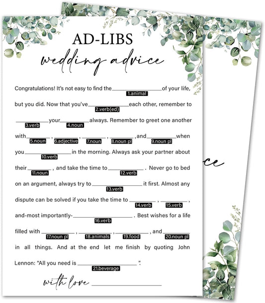 Eucalyptus Bridal Shower Game Cards - Ad-libs Wedding Advice and Wishes for The Mr and Mrs, Engagement Bridal Shower Games for 30 Guests, Wedding Advice Cards Set of 30, Activity Supplies & Favor/A04