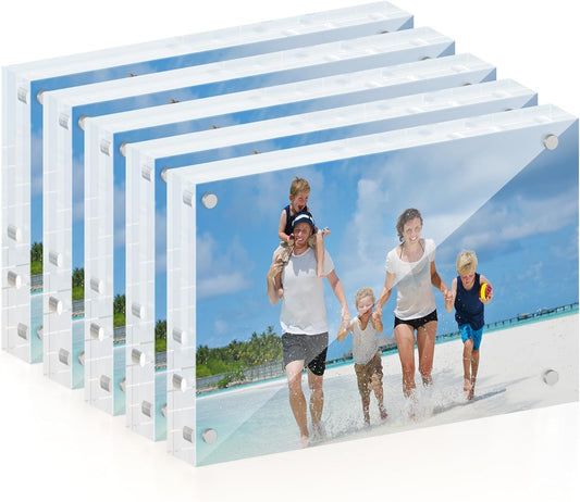 4x6 Acrylic Picture Frame 5 Pack, 20mm Thick Magnetic Double Sided Display 20% Thicker- Frameless Clear Transparent Photo Frame for Desktop/Tabletop, Self Standing with Microfiber Cloth