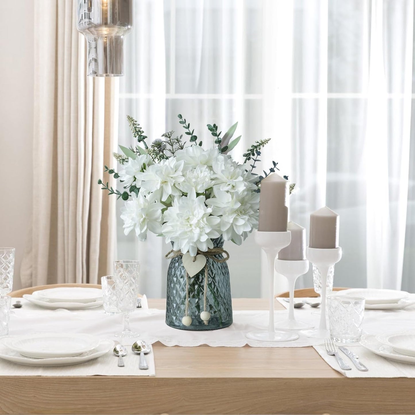 Fake Flowers in Vase,8 Dahlias,Silk Artificial Flowers in Vase,Centerpiece Table Decorations,Coffee Table Decor,Faux Flowers in Vase with a Flower Arrangement Holder