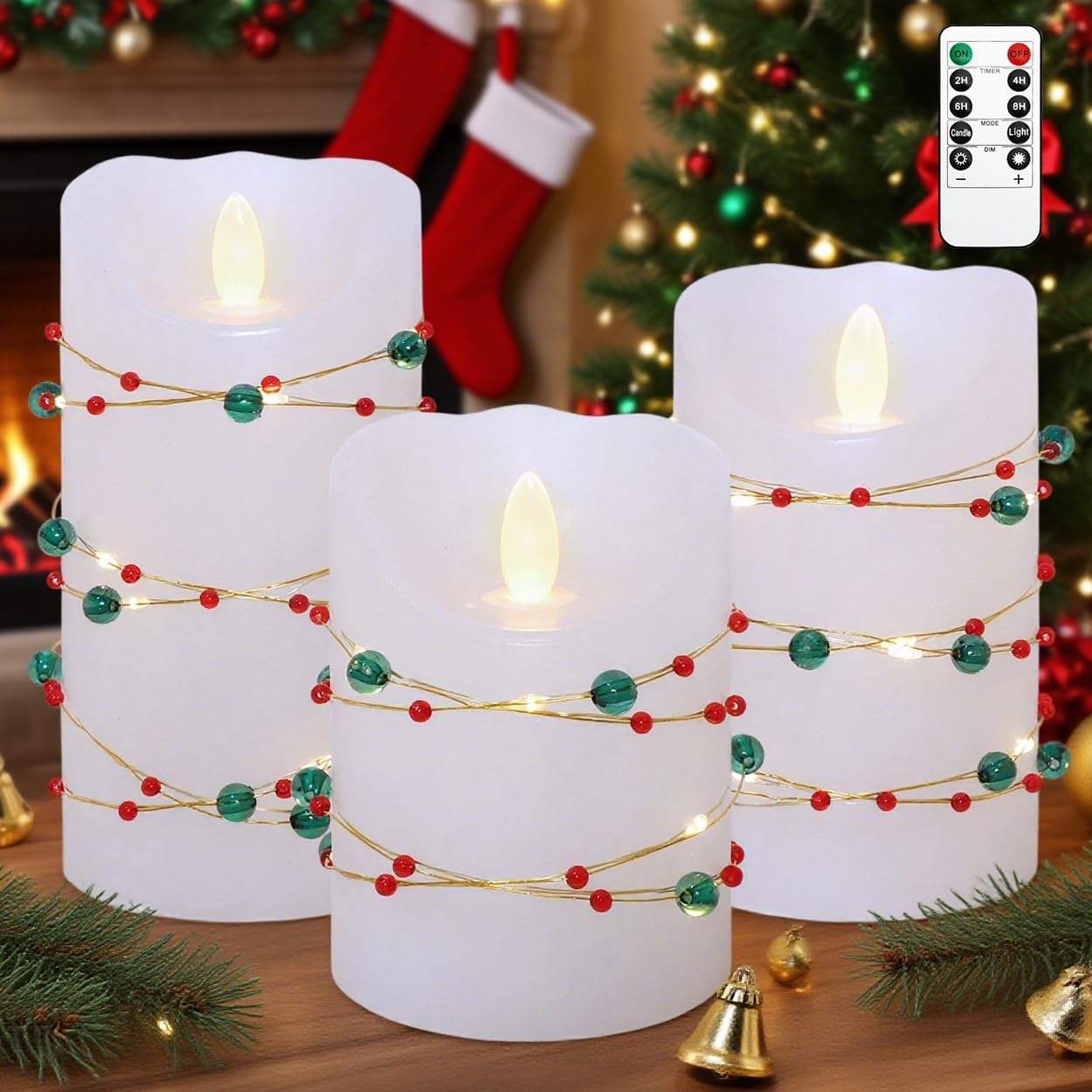 Christmas Flameless Candles with Red Green Beads String Lights - Real Wax Christmas Decor Battery Operated Candles with Remote & Timer- Home Party Bedroom Holiday Xmas Decorations - Set of 3