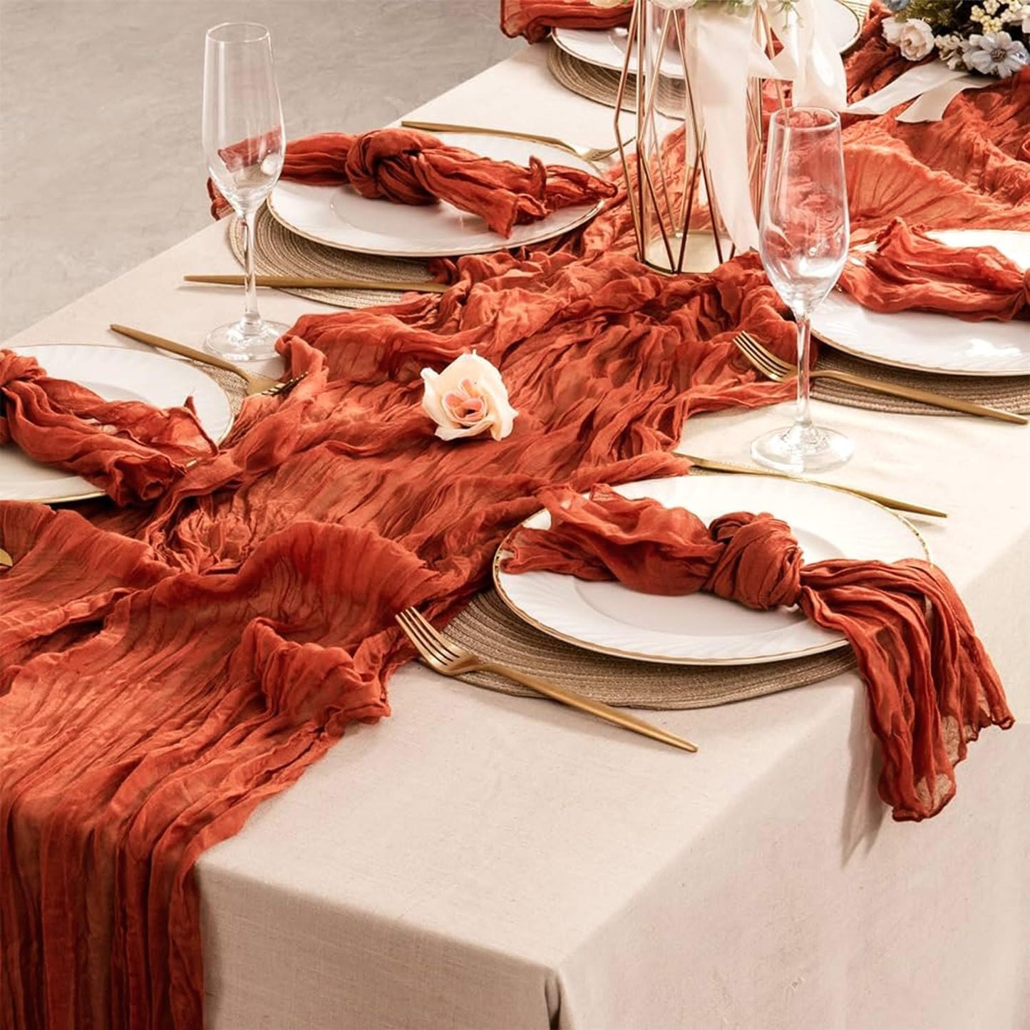 Hahuho Terracotta Cheesecloth Table Runner 10ft, Gauze Boho Rustic Table Runners for Wedding Birthday Party Baby Shower Decorations（1 Pack , 35x120 Inches）