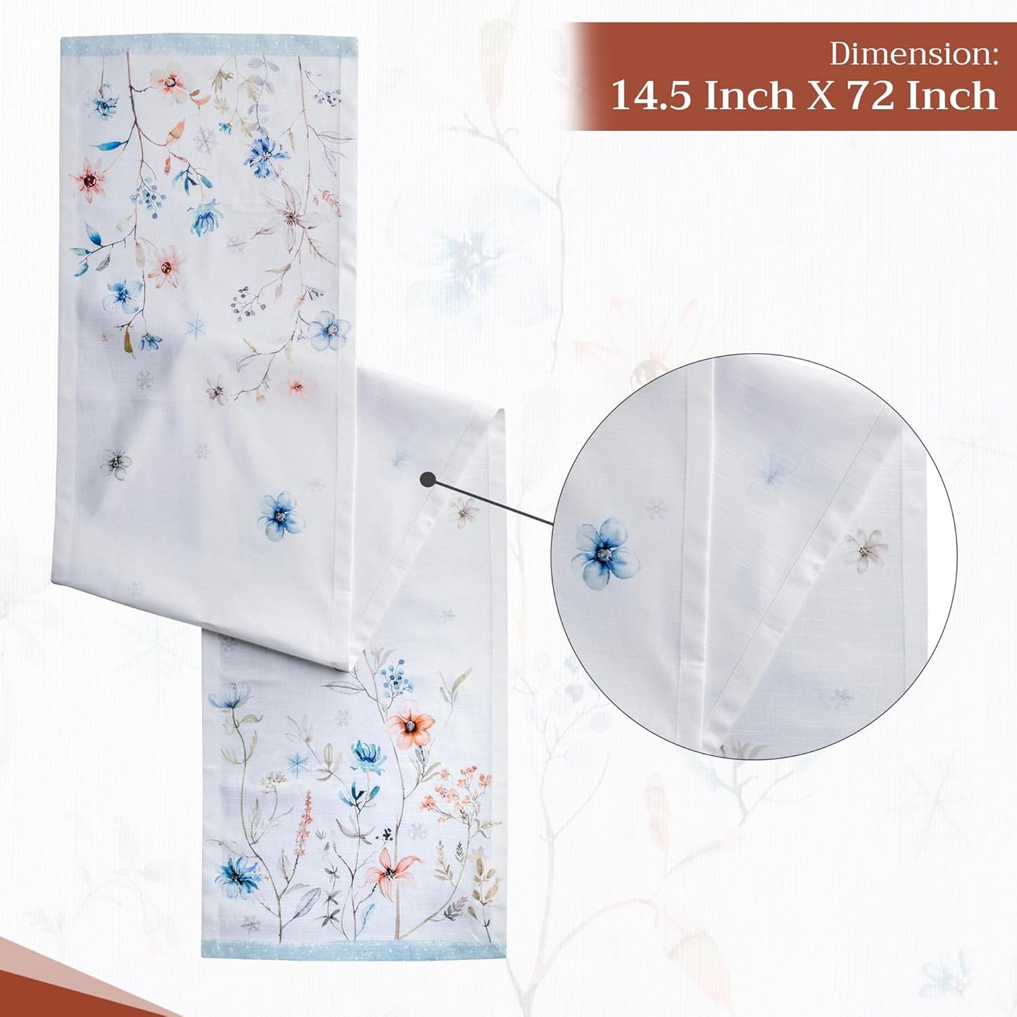 Maison d' Hermine Table Runner 100% Cotton Single Layer Table Runners 72 inches Long for Thanksgiving Christmas Decorations Home Kitchen Dining Party Wedding (Ice Florals, 14.5" x 72")