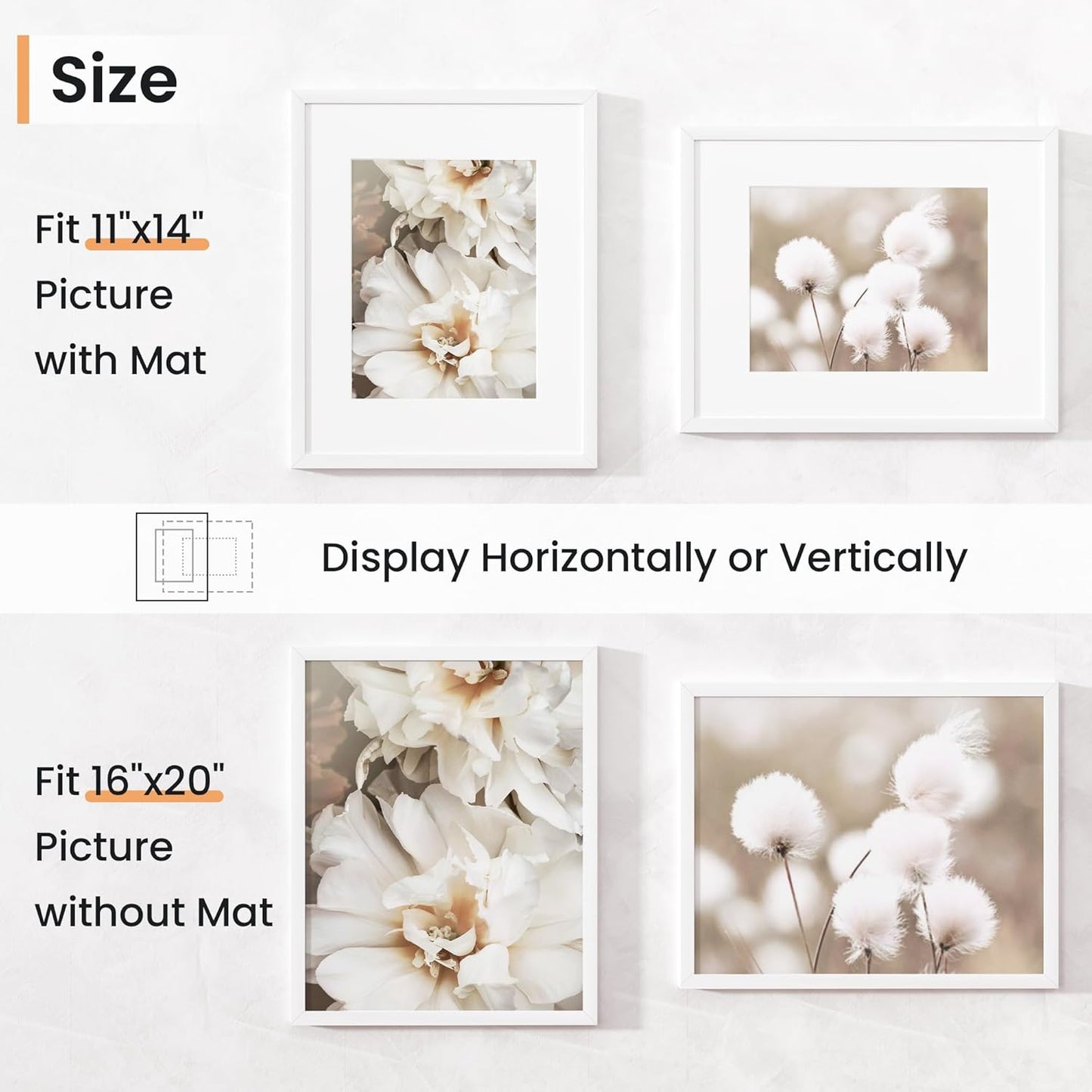 16x20 inch Picture Frame, 16x20 Photo Frames with 11x14 Removable Mat - High Definition Plexiglass - Vertical and Horizontal Display - Wall Hanging Frame - White, 5 Pack