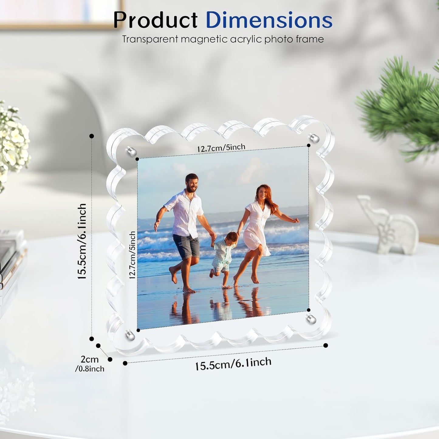 Acrylic Picture Frames .5×5inch 2Pack - Double-Sided Scalloped Photo Frame, 20mm Ultra-Clear Block, Modern Desktop Display for Home/Office Decor (2 Pack, 5X5)