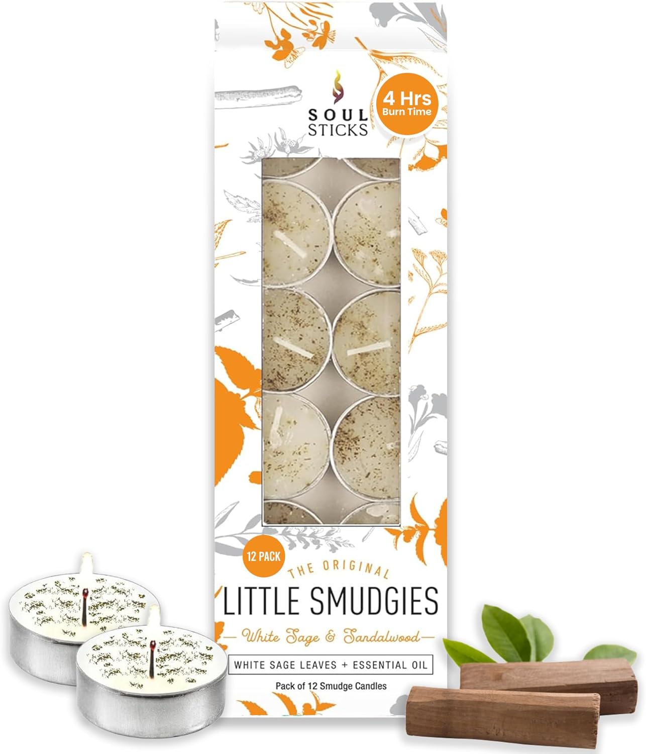 SOUL STICKS 12 Pack Little Smudgies Tealight Candles Smudge Candle for Cleansing House, Meditation, Chakra Healing | Made with Crystals and Herbs (White Sage & Sandalwood)