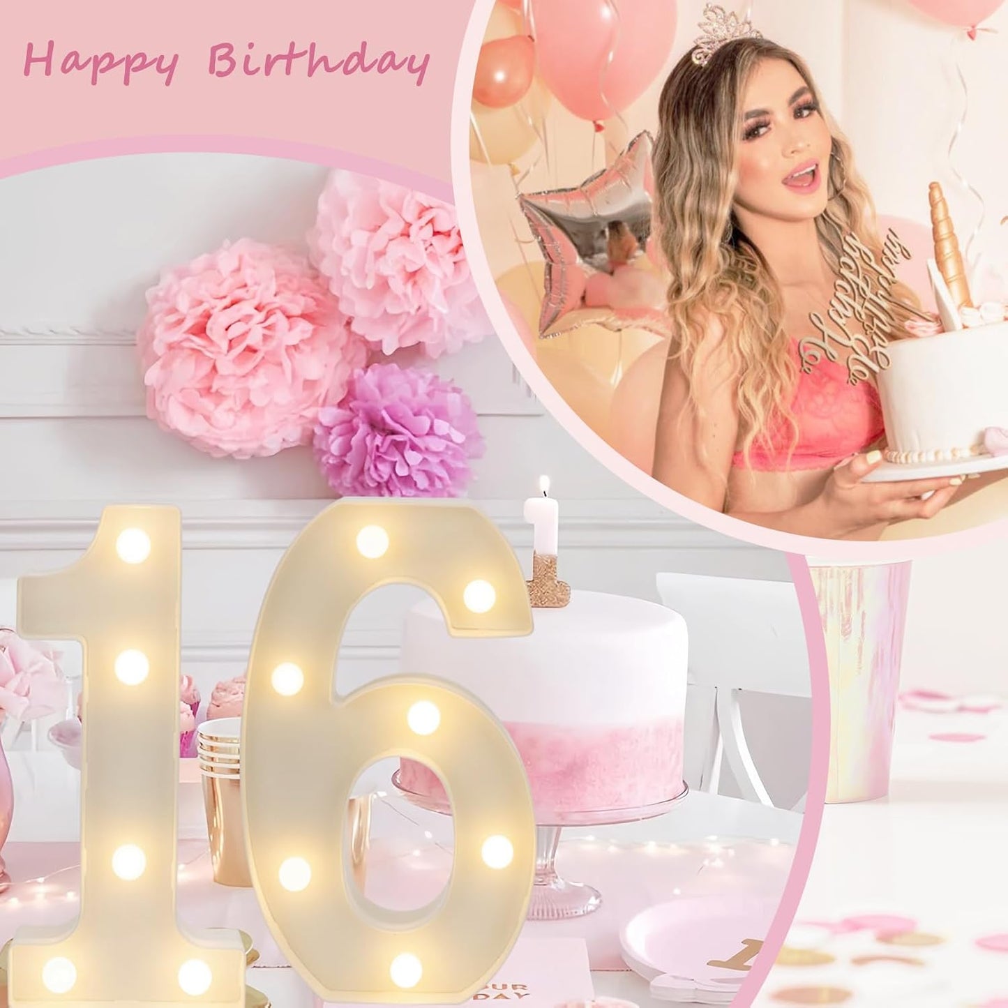 Decorative Led Light Up Numbers, 16th Birthday Decorations, Warm White Led Numbers Lights, Lighted Marquee Number Sign for Sweet 16th Party Decor