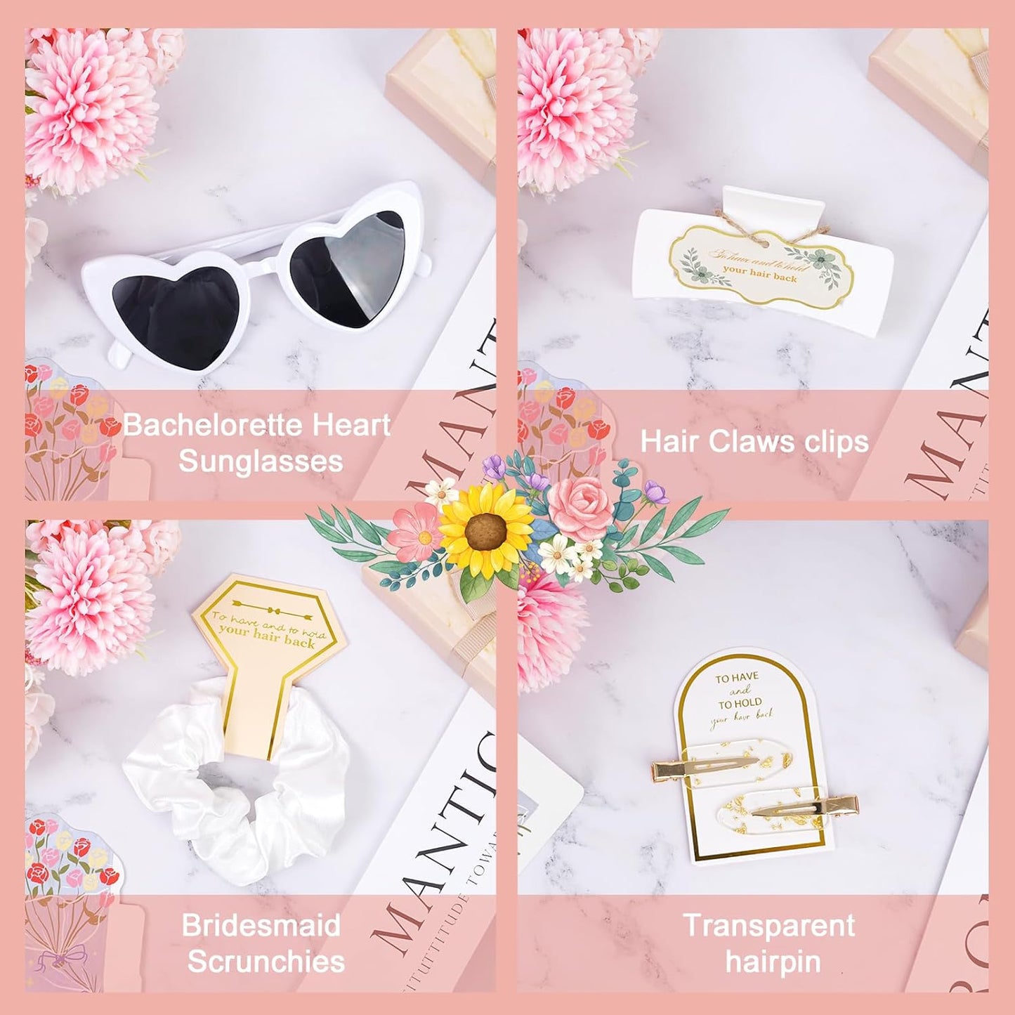 White Bridesmaid Proposal Gift Set, 8PCS Hair Claw, Scrunchies, Makeup Clips & Heart Sunglasses – Elegant Gift for Wedding Party Favors, Maid of Honor, Girls and Teen Birthday Gifts