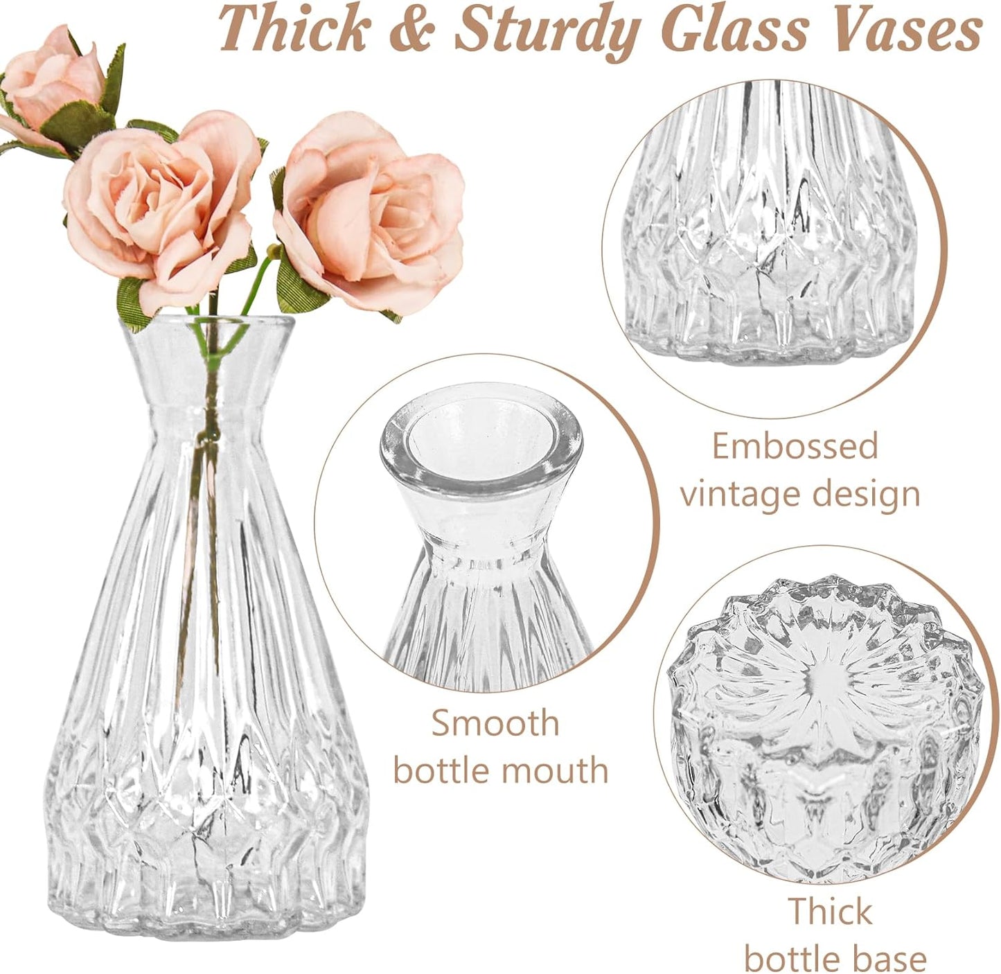 Set of 40 Glass Bud Vases, Small Clear Glass Vases in Bulk, Mini Vintage Embossed Flower Vase for Wedding, Centerpieces, Birthday Party, Baby Shower, Home Table Decorations (Clear)