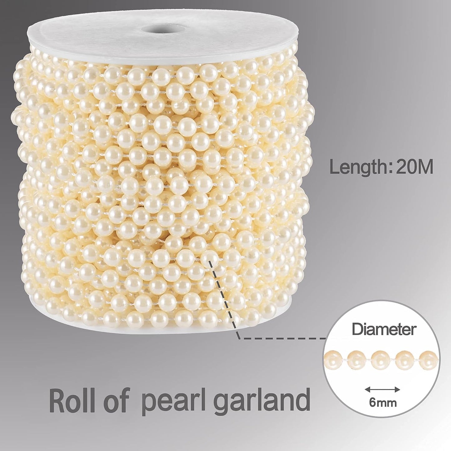Craft String Pearls 6MM Pearl Bead, 66 Feet Ivory Faux Pearl Garland Spool Roll Strand Wedding Party Decoration, Christmas Tree Decorations