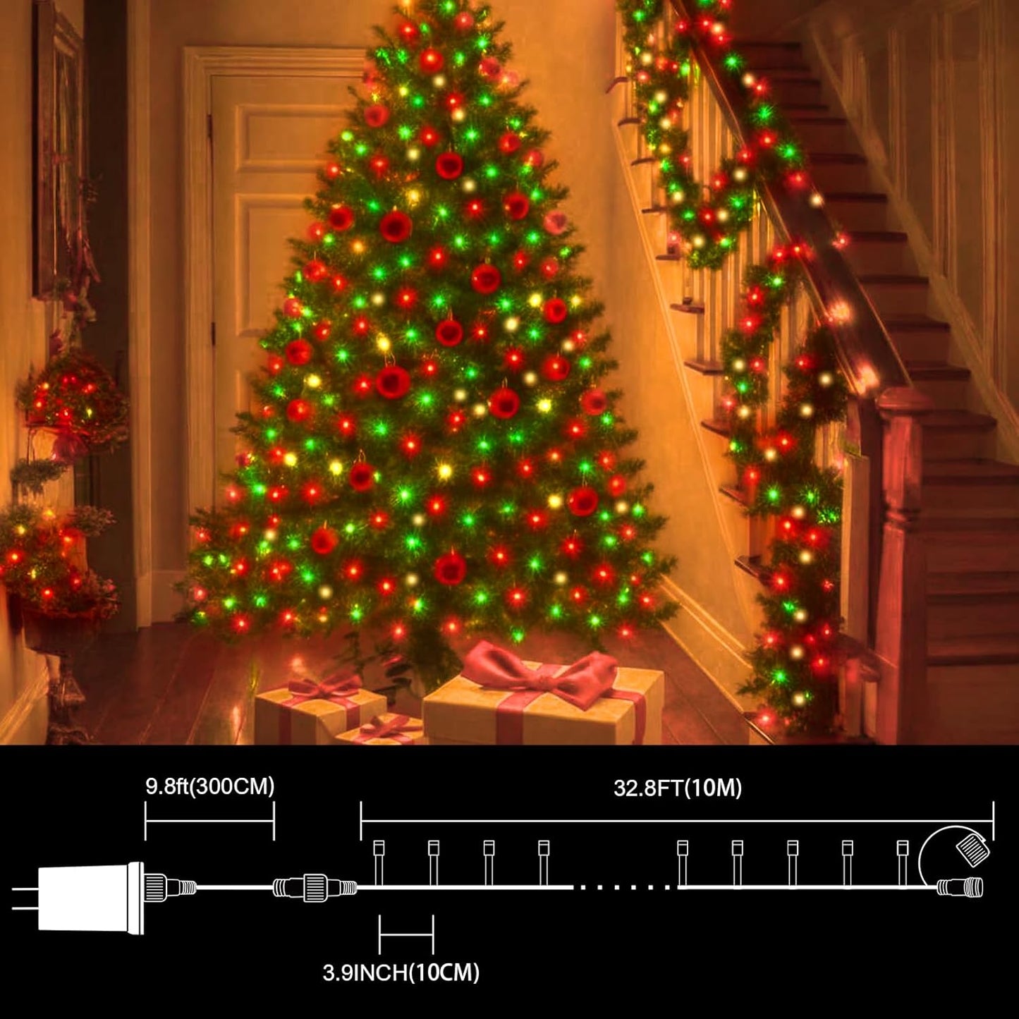 LAMPHOME 33ft Christmas Decorative Mini Lights, 100 LED Transparent Wire Fairy Starry String Lights Plug in, 16 Lighting Modes for Indoor Outdoor Xmas Tree Wedding Party Decoration (Red/Green/Warm)