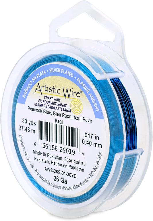 Artistic Wire, 26 Gauge Silver Plated Tarnish Resistant Colored Copper Craft Wire, Peacock Blue, 30 yd