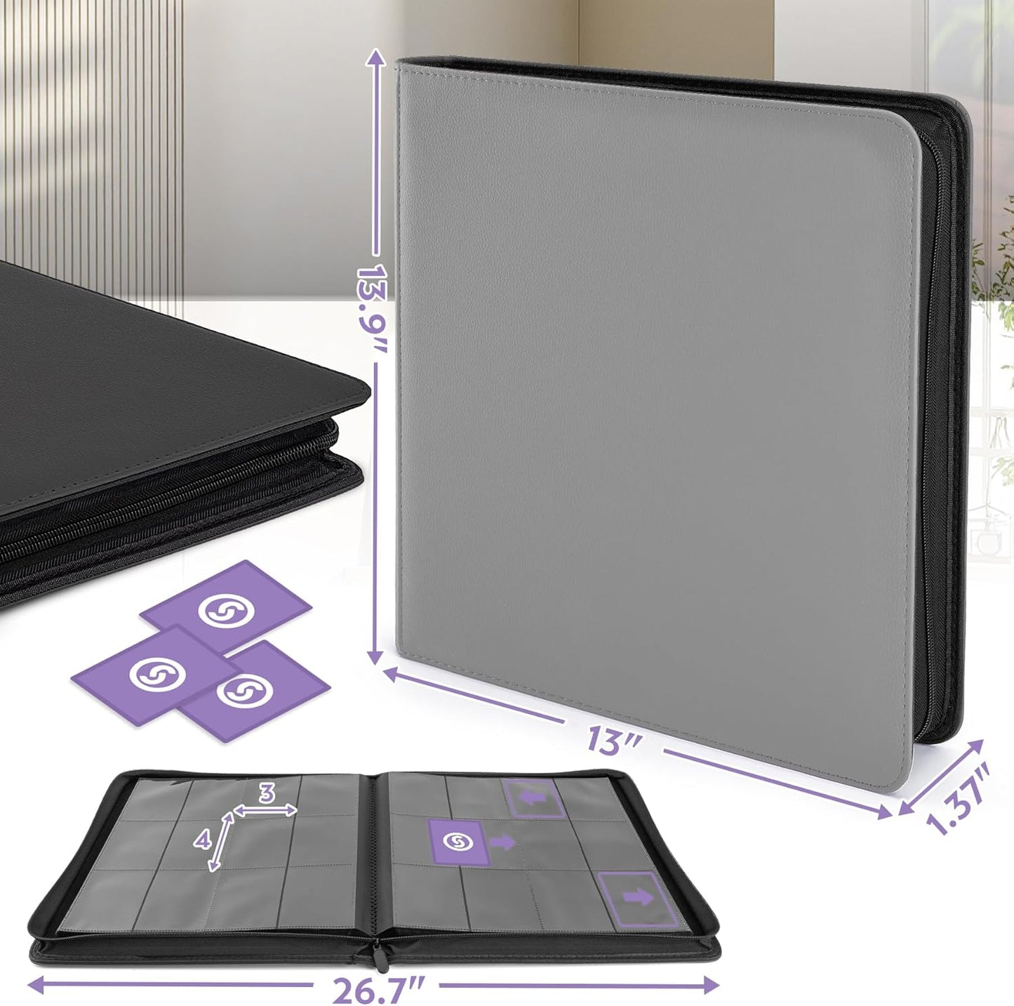 SMYV 12 Pocket Trading Card Binder, Premium PU Cover Card Binder for 720 Cards, Ringless Side Loading Card Collection Album Folders for MTG, TCG, Game Cards & Sports Cards (Grey)