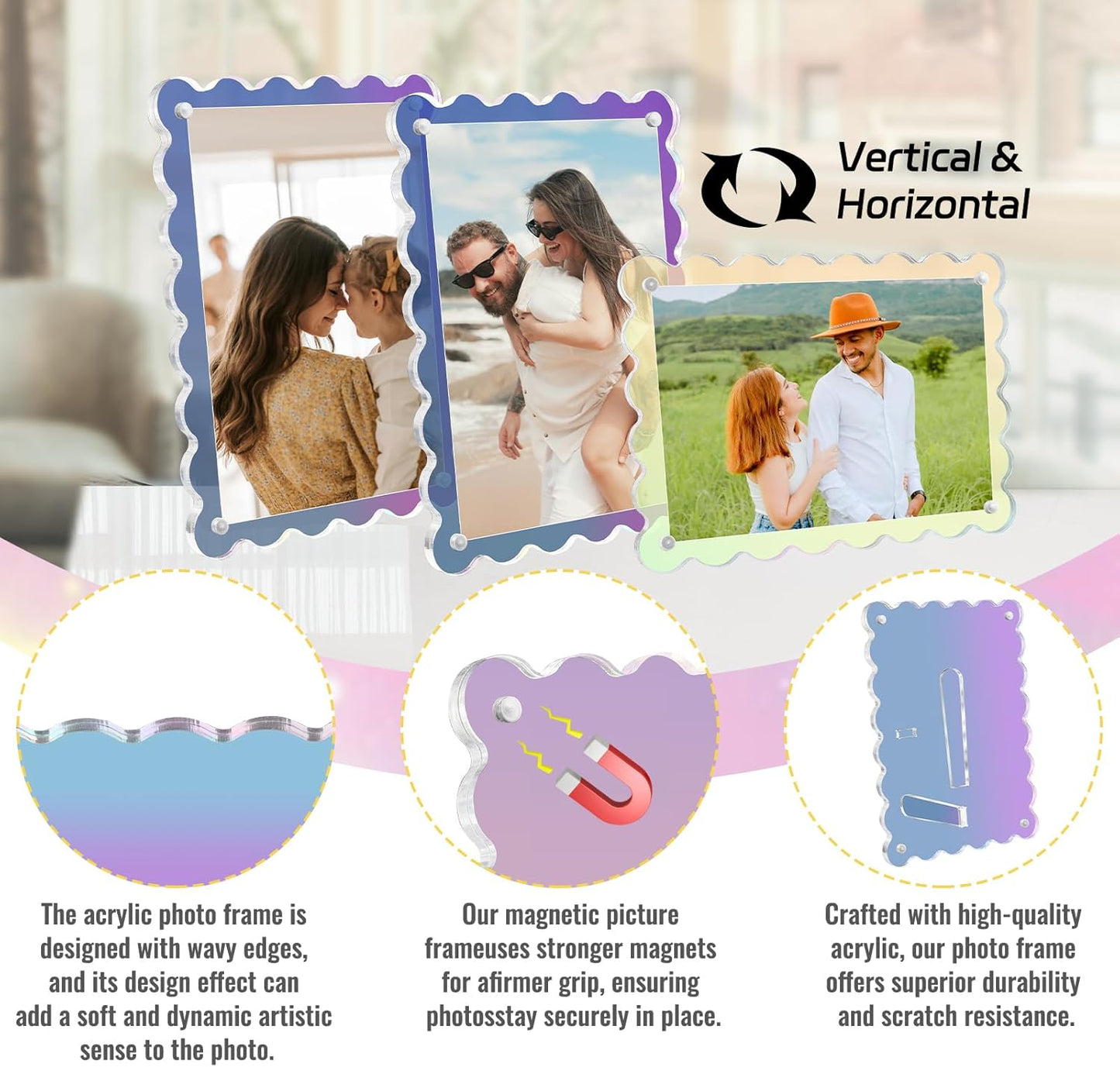 Acrylic Picture Frames 3 Pack 4x6 inch Scalloped Iridescent with Detachable Stand, Vertical and Horizontal Tabletop Display, Magnetic Photo Frames for Café/Home/Weeding/Party