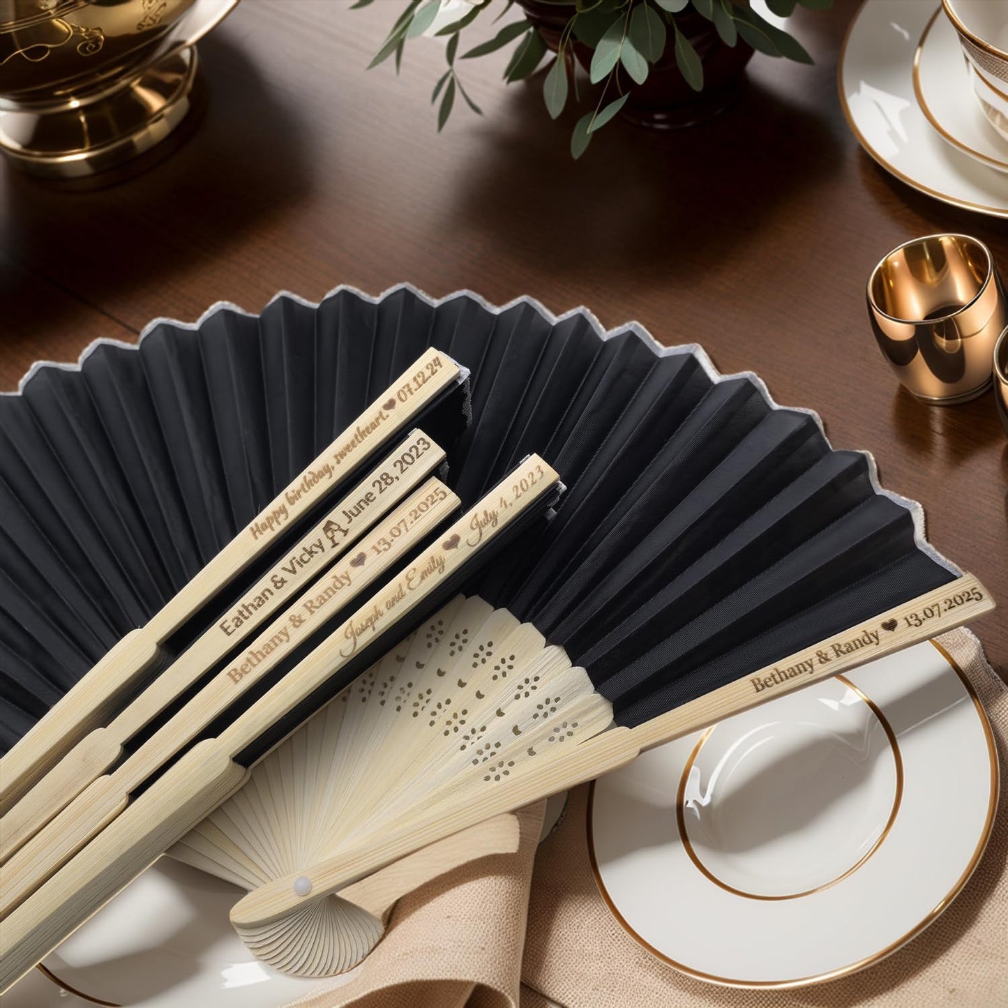 5Pcs Personalized Silk Fans Folding Hand Fan, Custom Wedding Bridal Party Favors, Summer Wedding Bride, Wedding Gift, Thank You Gift (Black)