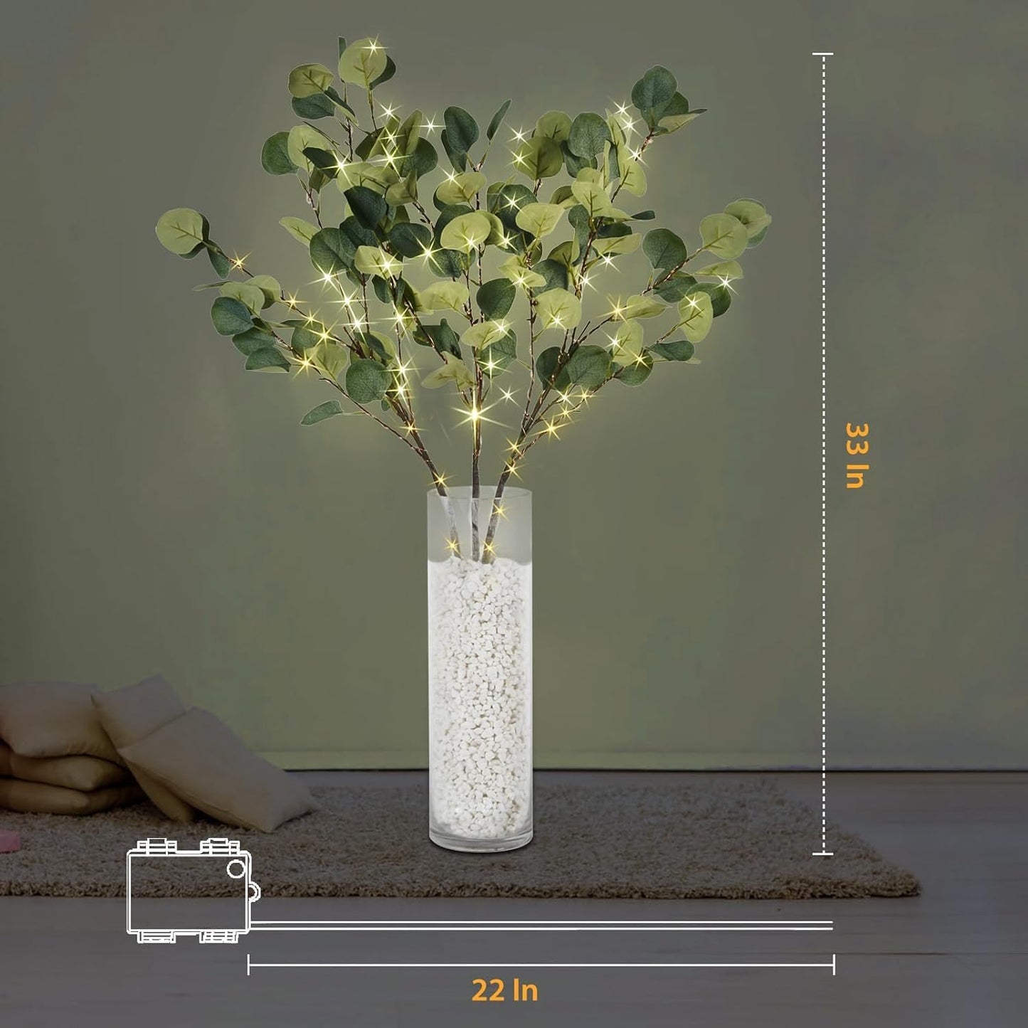 Lighted Eucalyptus Branches with Timer, Lighted Branches 33IN 99 LED, Artificial Light, Eucalyptus Night Light, Artificial Plant for Home Spring Party Wedding Decor-Battery Operated, Home Decor