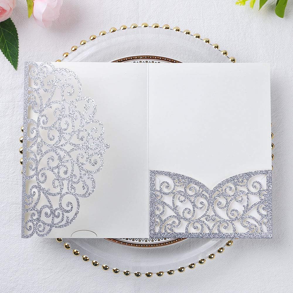 PONATIA 5.12 x 7.2 Laser Cut Invitation Pocket, 20 Tri-Fold 5 x 7 Laser Cut Wedding Invitation Pockets with Envelopes for Wedding Bbay Shower Birthday Sweet 16 Invite (Silver Glitter, No Inner Sheet)