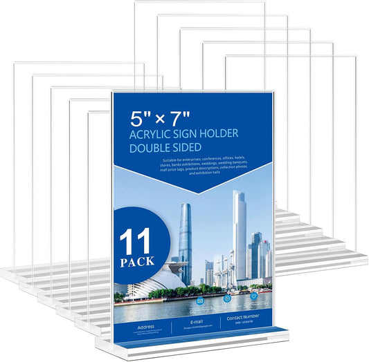 Acrylic Sign Holder 5x7 - 11 Pack Clear Display Stand Vertical Picture Holders for Tables, Double Sided T Shape Flyer Holder Plastic Picture Frame Sign Holder for Store,Restaurants,Hotels,Office