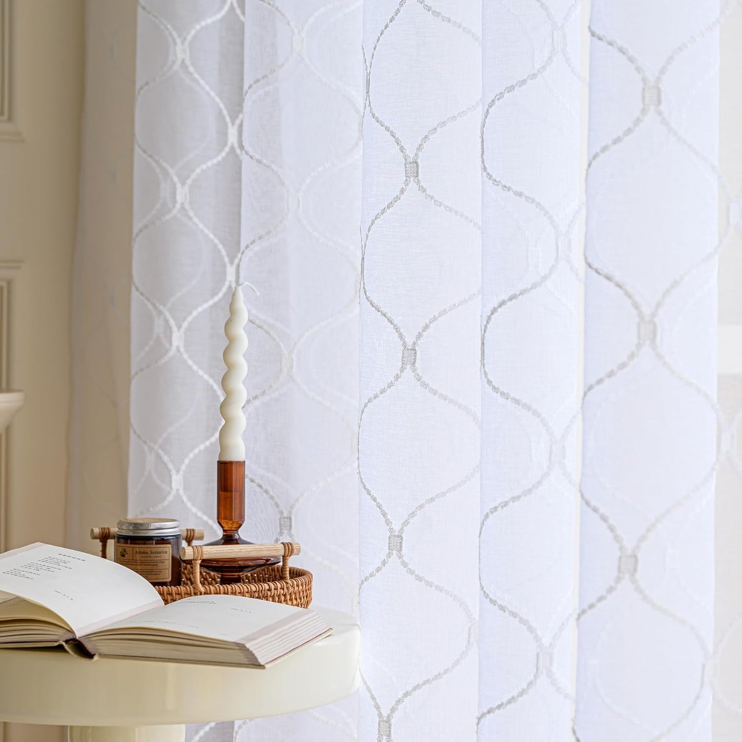 Sheer Curtains White 63 Inches Embroidered Wave Diamond, Rod Pocket Voile Drapes for Living room, Bedroom, Window Treatments Semi Crinkle Curtain Panels for Yard, Villa, Parlor, Set of 2, 52"x 63".