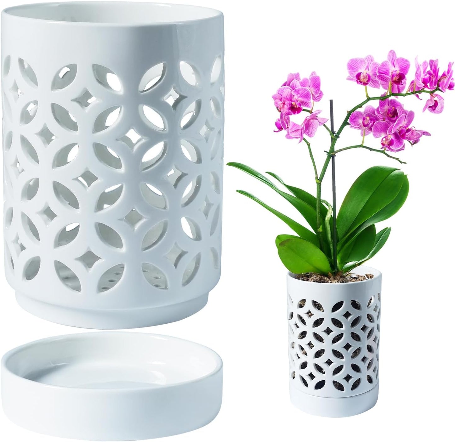 Orchid Pot with Holes & Saucers, Ceramic Pots for Repotting, Breathable Slotted Orchid Pots Flower Plant Nursery Pot White 4 Inch