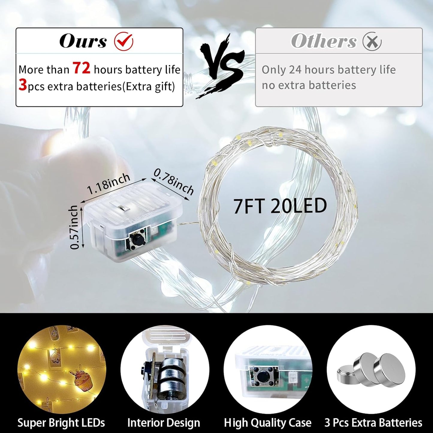 100 Pack White Fairy Lights 7Ft 20 LED Twinkle String Lights 3 Modes Battery Operated Waterproof Firefly Starry for Mason Jar Party Wedding Christmas Valentines Day Table Centerpieces,Cold White