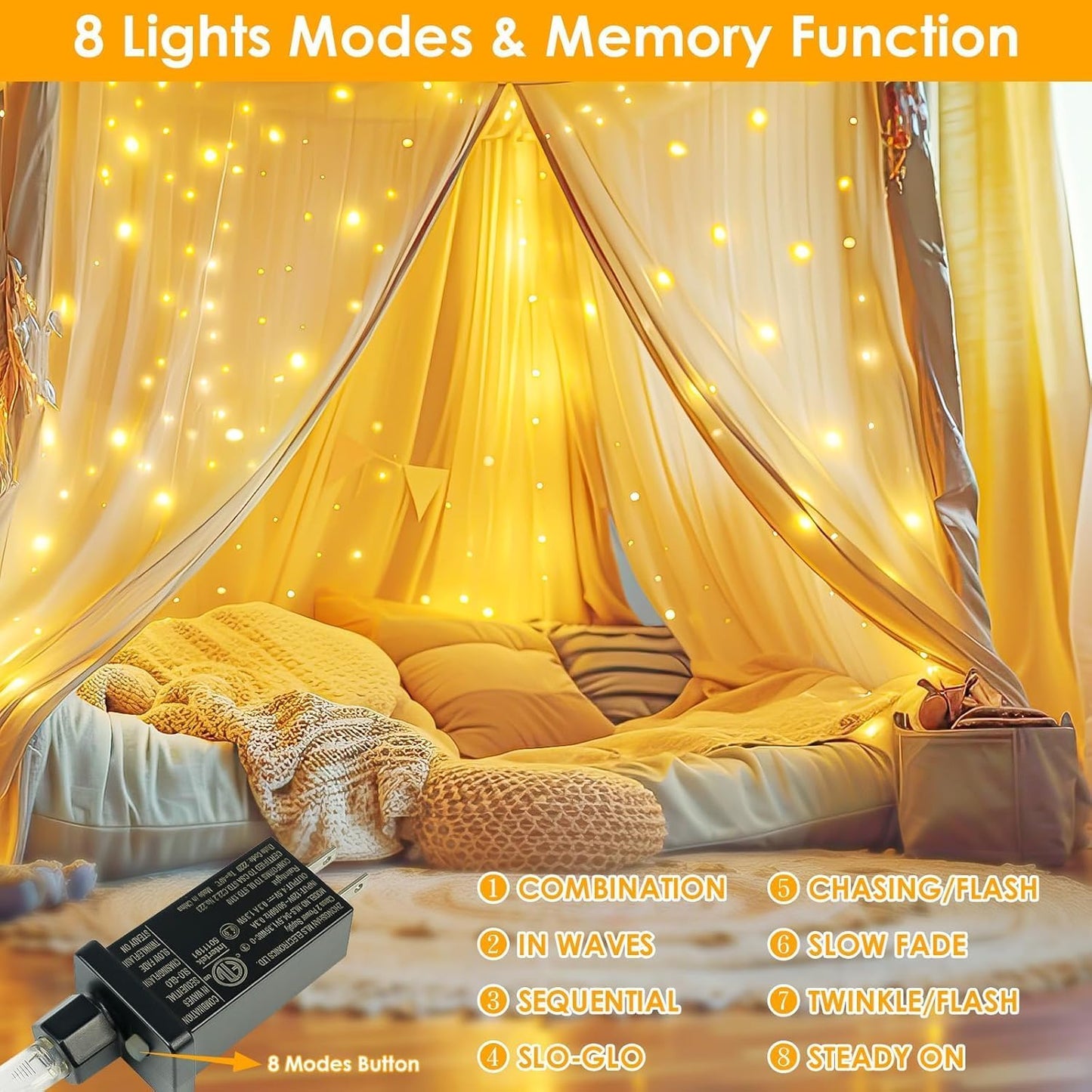 2Pack Each 66Ft 200 LED Fairy Lights Plug in, Waterproof String Lights Outdoor & Indoor, LED String Lights 8 Modes with Timer, Twinkle Light for Girl's Room Garden Christmas Decorations (Warm White)